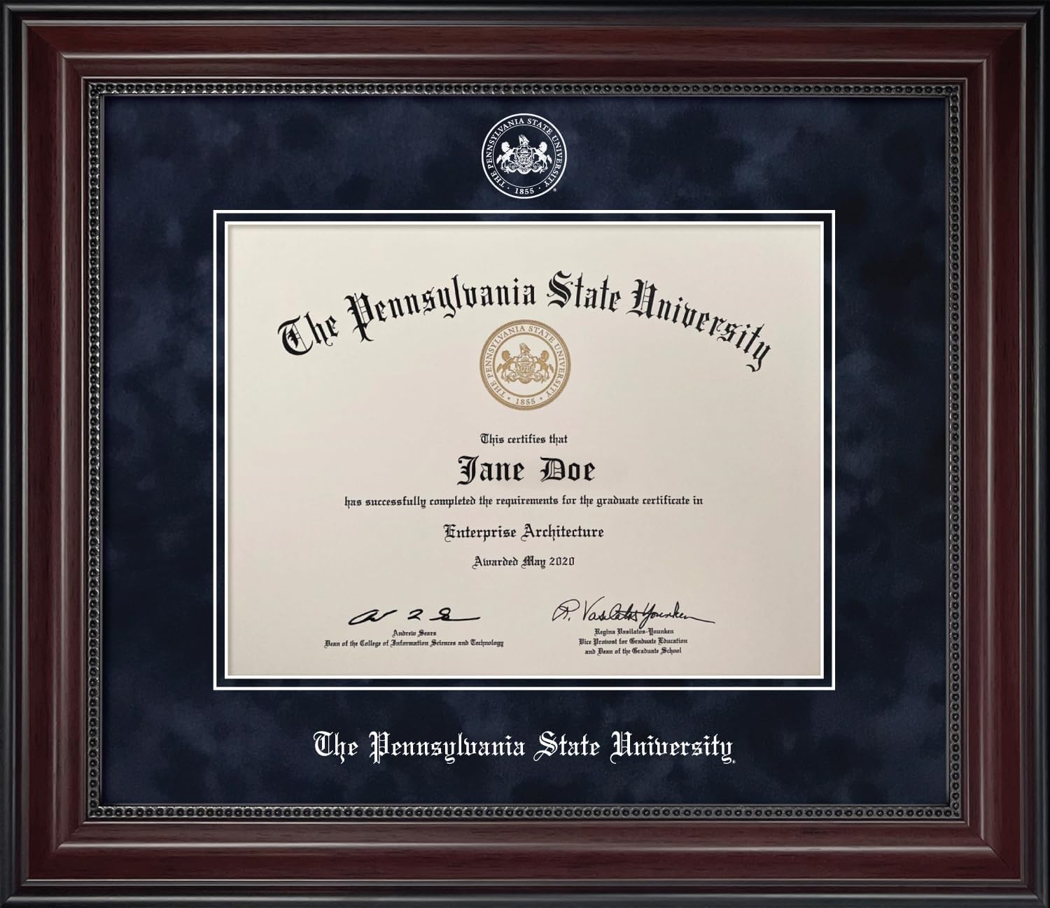 Penn State University Diploma Frame - Officially Licensed - Cherry Finish Wood With Bead Frame With Navy Suede Mat and White Embossed PSU Seal