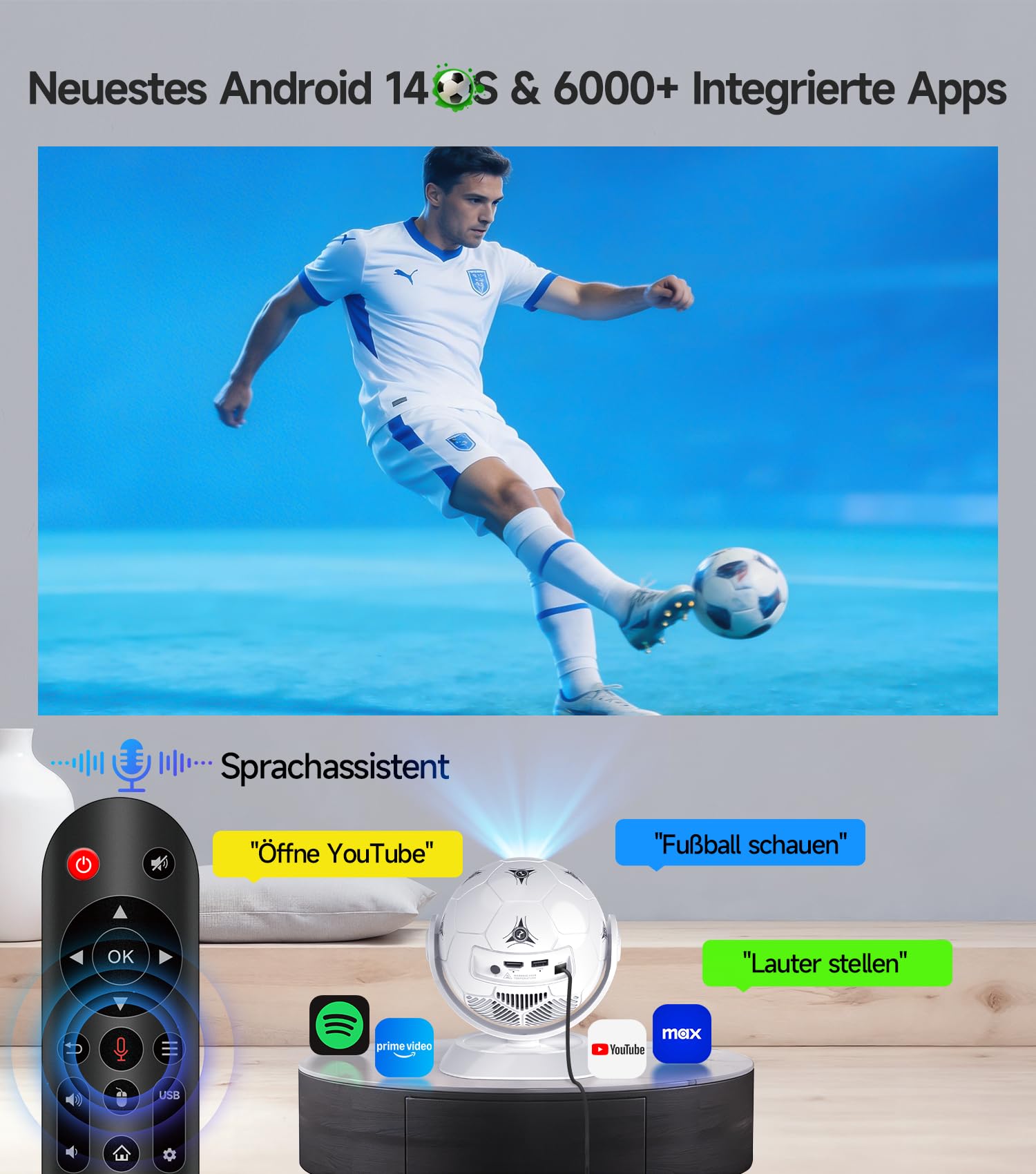 Magcubic Mini Beamer Projektor 4K Unterstützung für Heimkino Handy Smart TV | 360° Fußball-Motiv, Android 14 Apps Integriert, WiFi 6, Bluetooth 5.4, Auto Keystone, Klein Tragbar, Kurzdistanz, HY300F