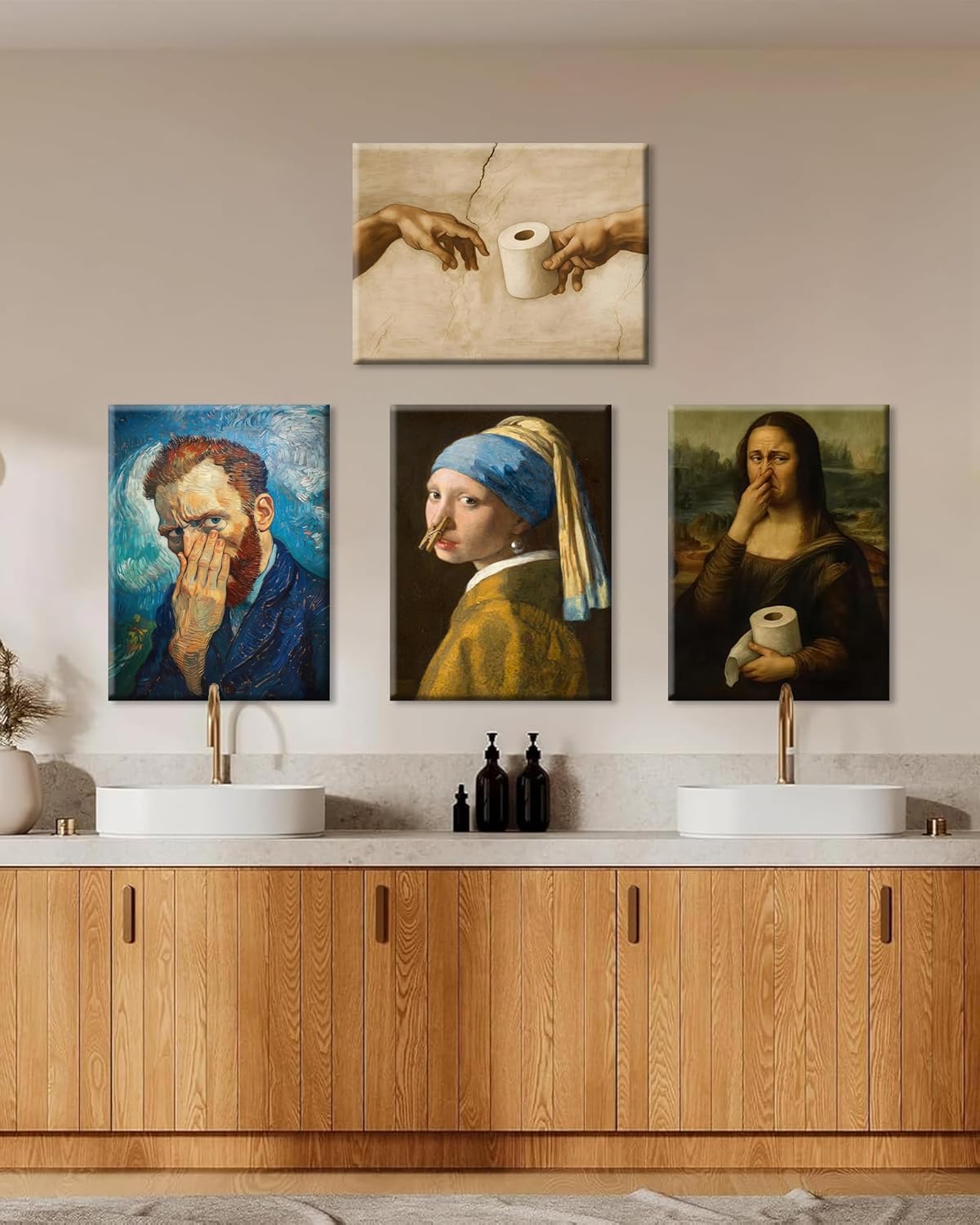 Funny Bathroom Wall Art Mona Lisa Stinky Face Wall Decor Humor Toilet Paper Pinching Nose Poster Prints Funky Humour Smell WC Canvas Pictures for Toilet Washroom Framed 16x24in