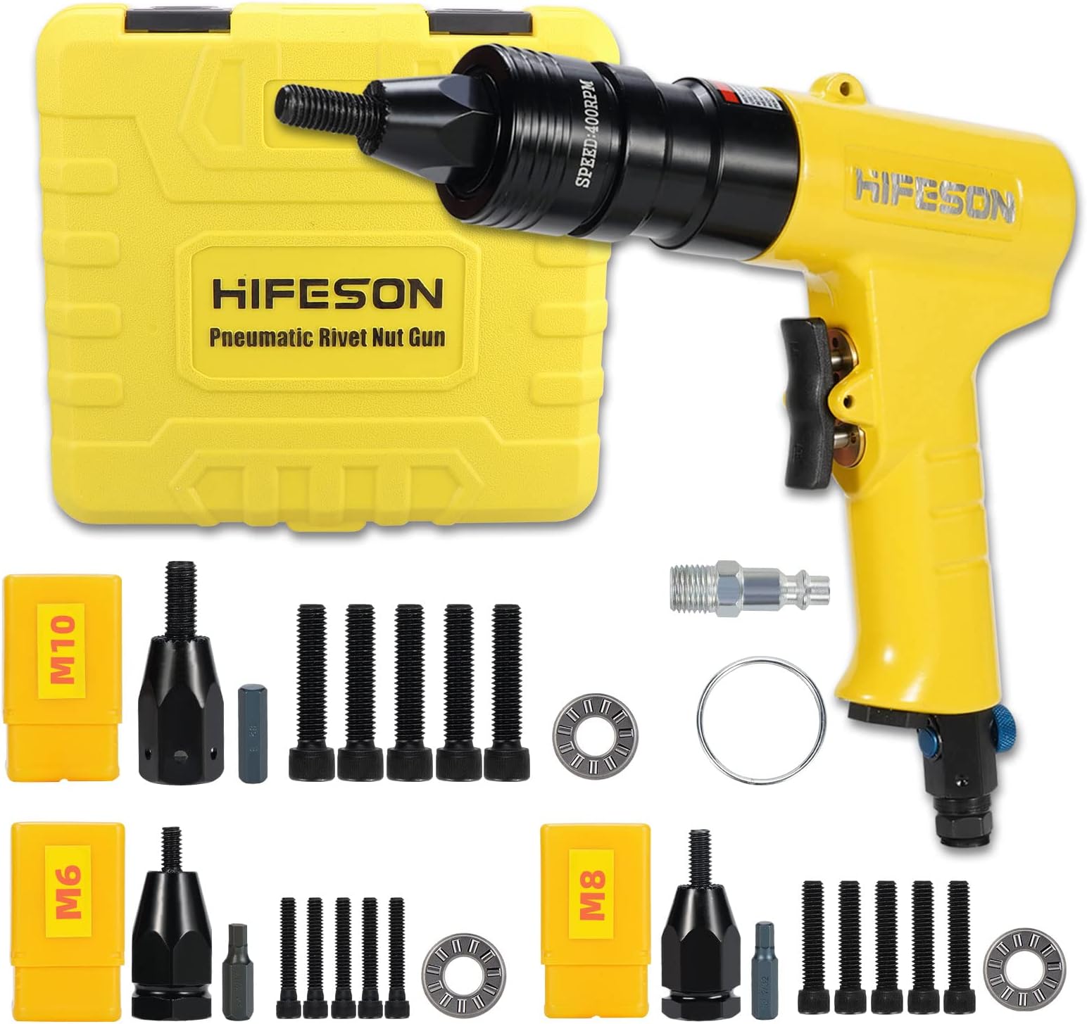 HIFESON Pneumatic Thread Insert Tool with M6 & M8 & M10 Self-Locking Head Gun,Quick-Change Mandrels,Industrial Grade Adjustable Speed Rivet nut Tool