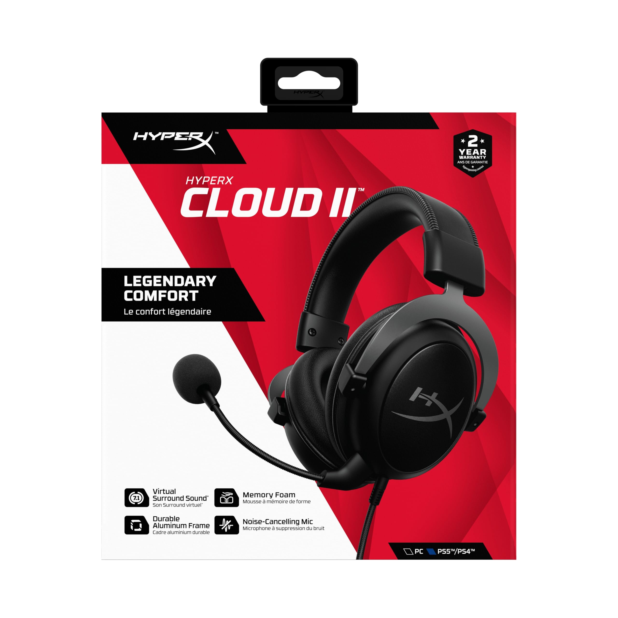 HyperX Cloud II, casque gaming filaire, son surround 7.1, haut parleurs 53 mm, micro détachable réduction de bruit, mousse mémoire de forme, arceau en aluminium robuste, PC, Xbox, PS4, PS5, Noir