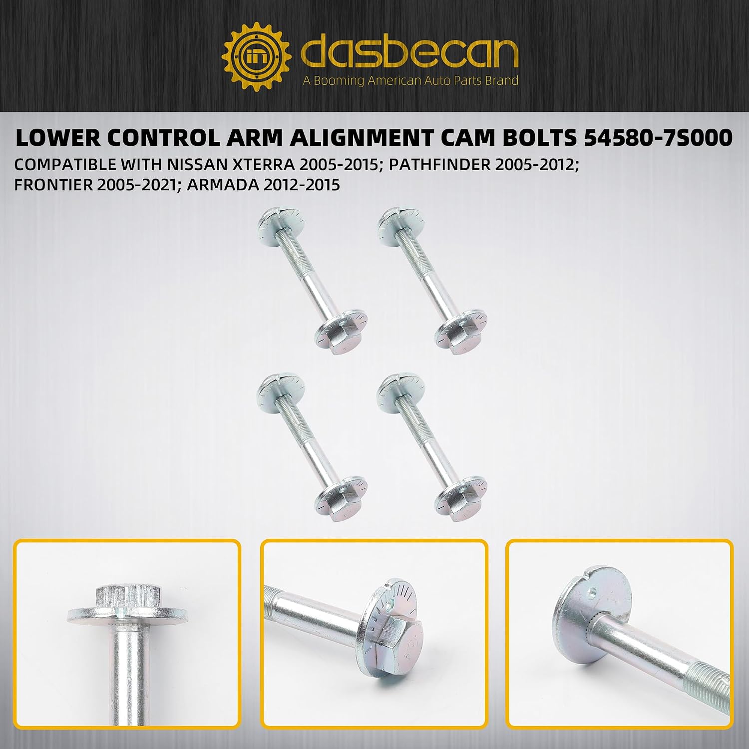 Dasbecan 4Pcs Camber Bolts Rear Lower Control Arm Alignment Compatible with Nissan Pathfinder Xterra Armada Frontier 2005-2021 Adjustment Front Rear Shaft Caster Cam Bolt Replace# 54580-7S000