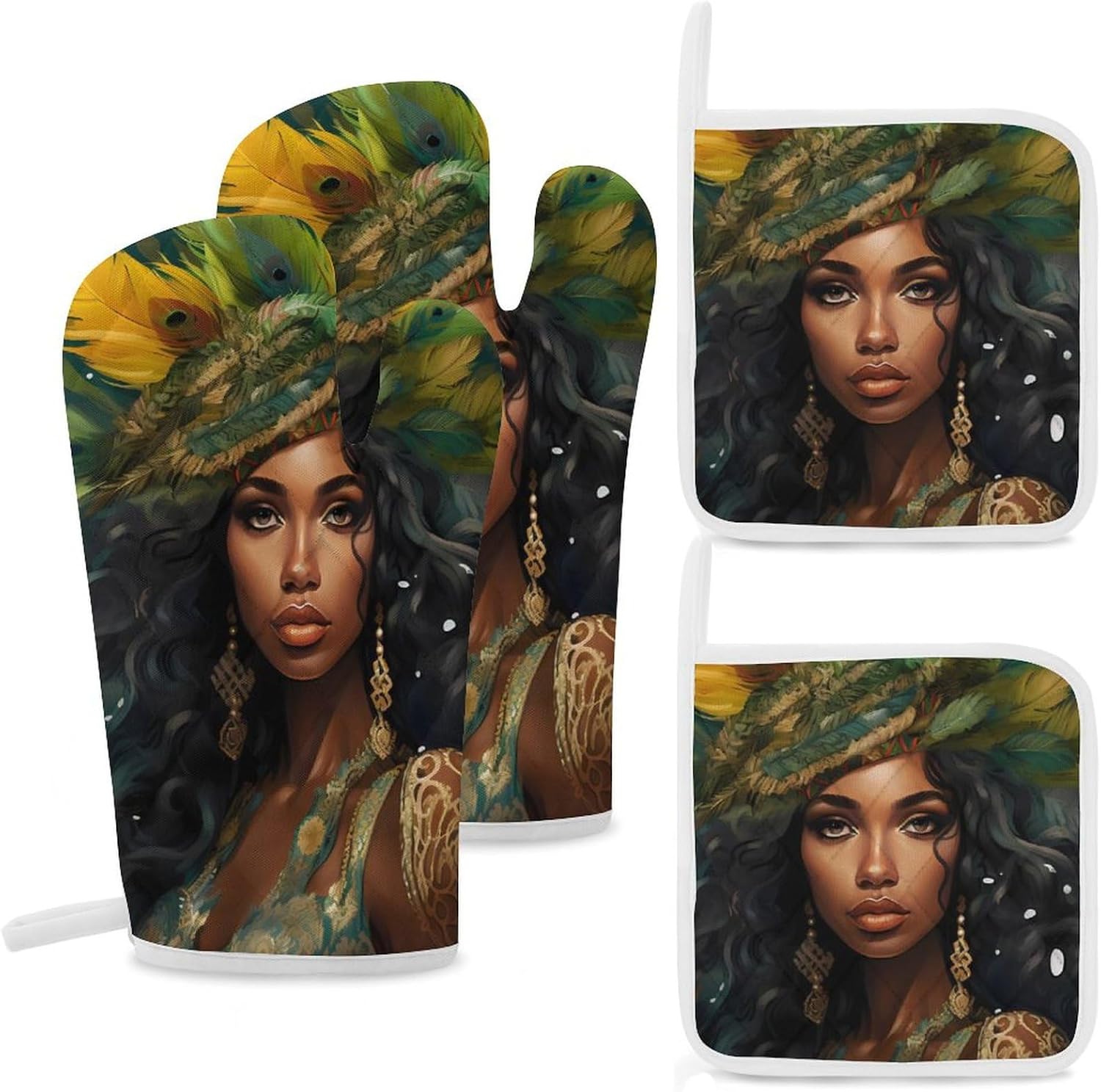 African American Women 4 Pcs Oven Mitts and Pot Holders Set High Heat Resistant Long Kitchen Oven Glove Potholders