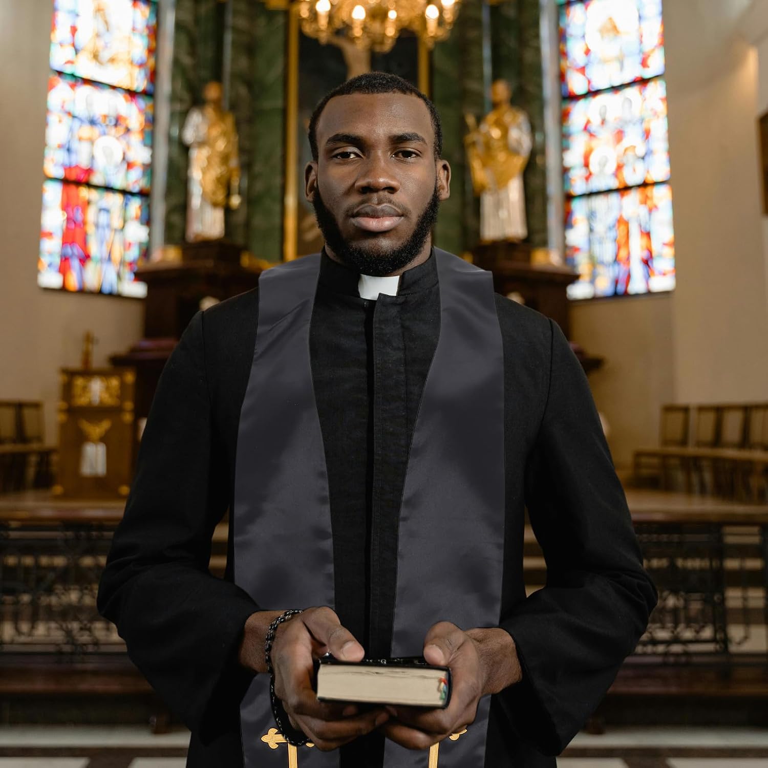 COLLBATH Embroidery Clergy Stole - Wedding Pastor Reversible Shawl with Tassels for Ceremony - Choir Priest Stole with Cross Black and White