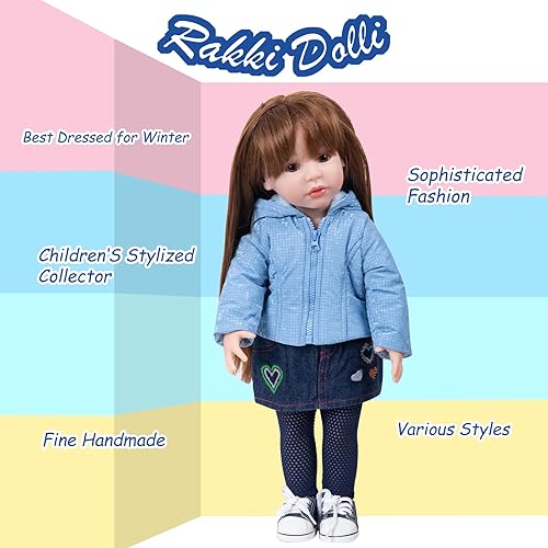 Miniatura 7 de Rakki Dolli Ropa de muñeca de 3 piezas. Conjunto de abrigo azul con capucha con falda de mezclilla azul marino y medias de una pieza de punto azul