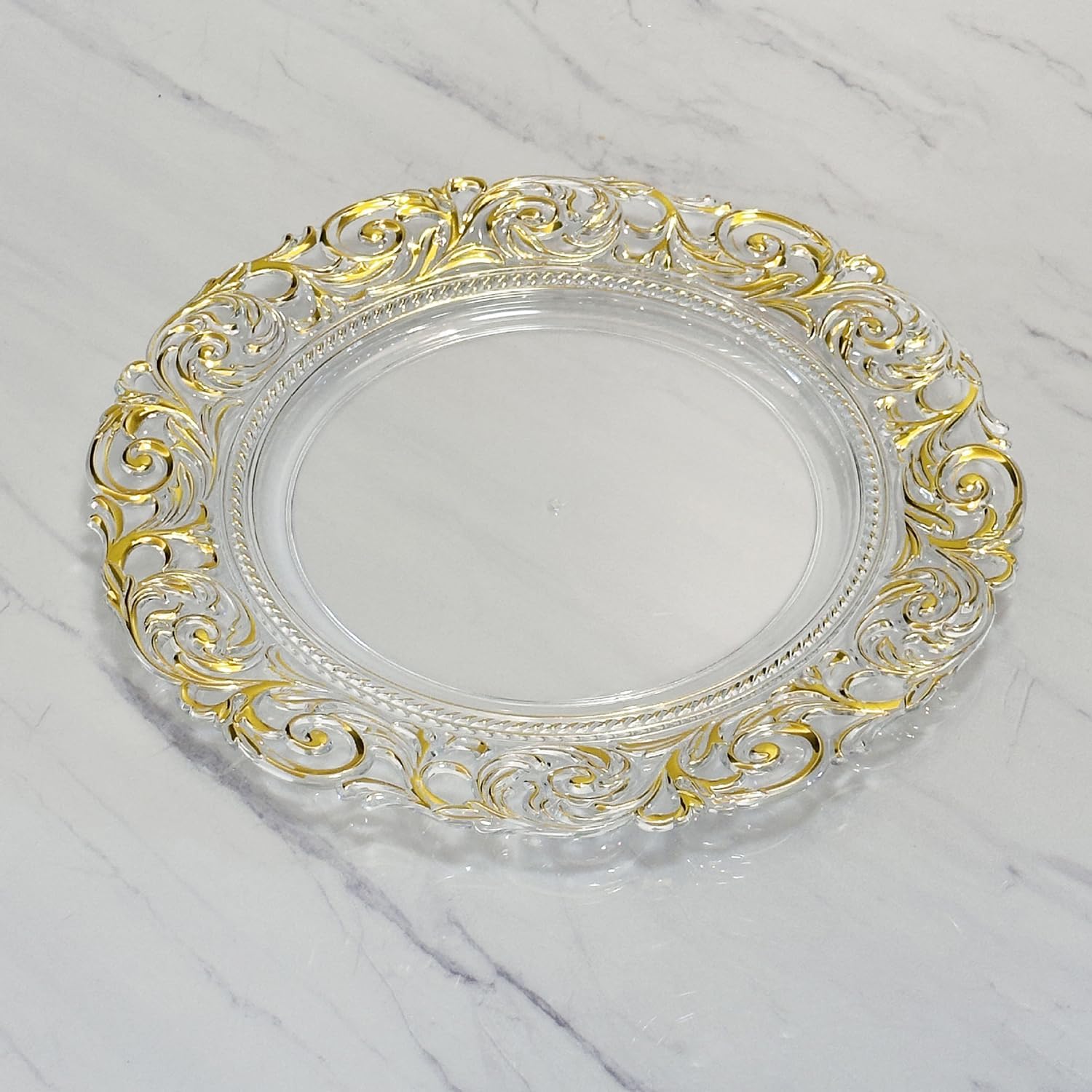 13 Inch Gold Charger Plates Set of 12, Clear Plastic Dinner Charger Plates with Gold Embossed Floral for Dinner Wedding Party