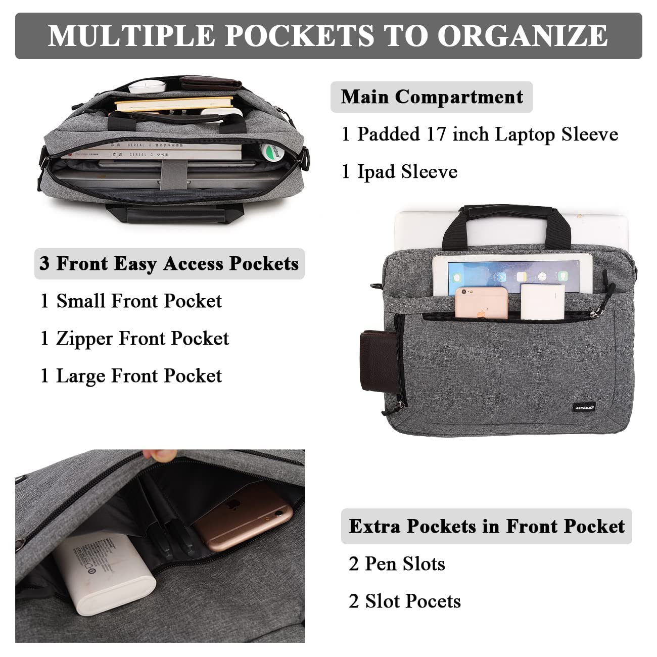 RAVUO Sacoche Ordinateur,Résistant À L'eau Sacoche Pc Portable 17 Pouces Sac Bandoulière Homme Sac A Main Homme Pour Travail Business L'École Collège Gris