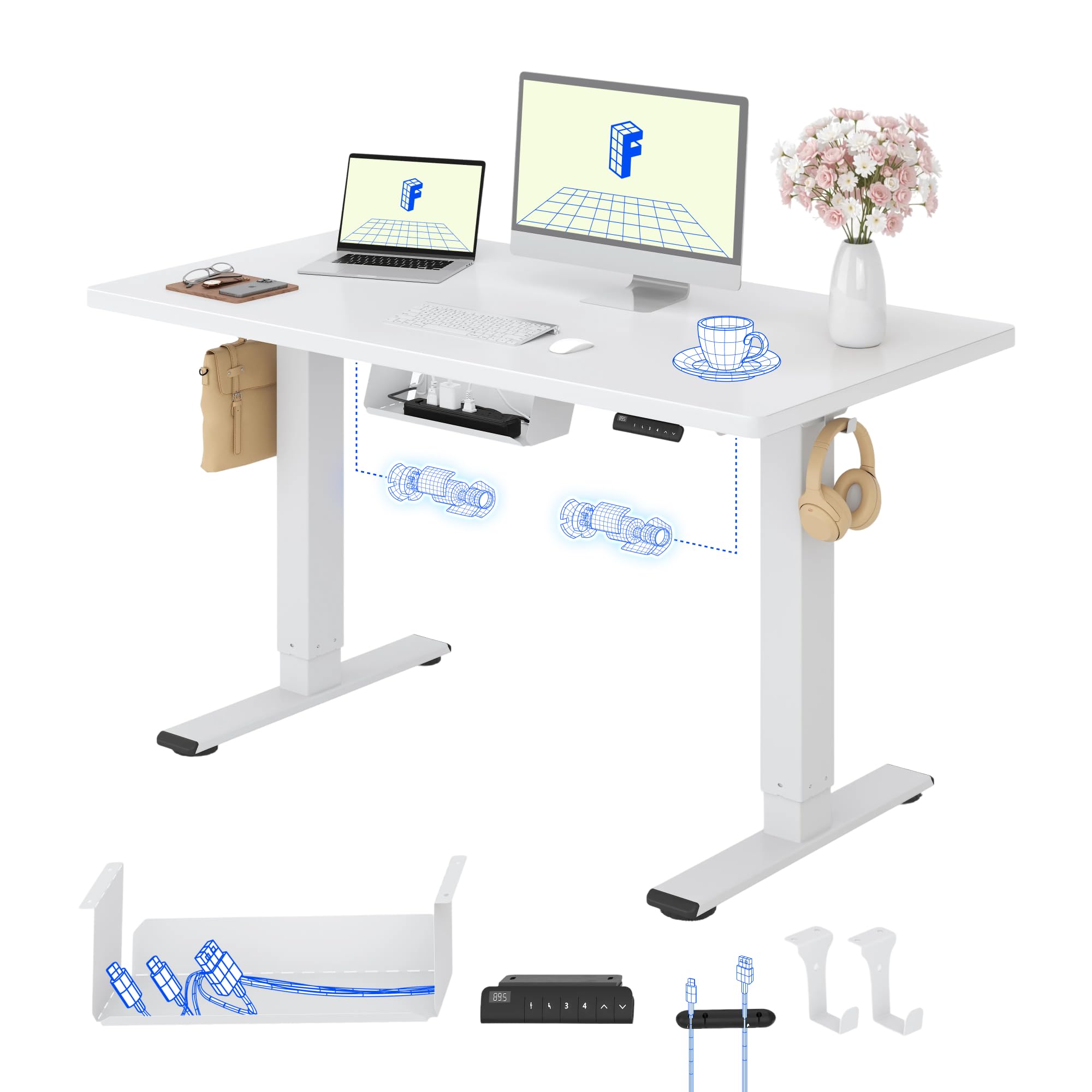 FLEXISPOT Höhenverstellbarer Schreibtisch mit 2 Motoren & 25MM einteiliger Tischplatte,ergonomischer Bürotisch - 120 x 60 cm Weiß, weißes Gestell