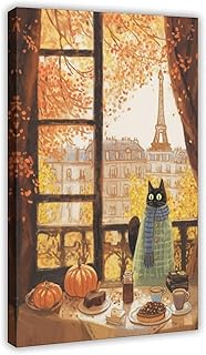 ZCXH Autumn Paris Breakfast Cat Vintage Art Poster Canvas Poster Wall Art Decor Print Picture Paintings for Living Room Bedroom Decoration 20x30inch(50x75cm)