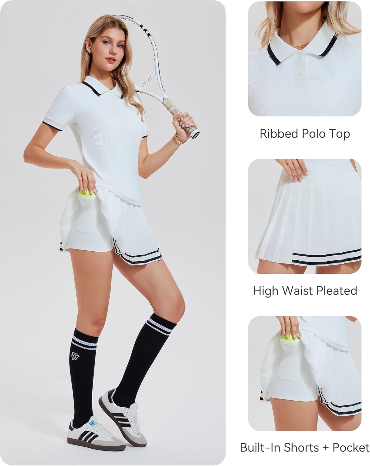 Mudere Womens 2 Piece Tennis Skirt Set, Ribbed Polo Top High Waisted Pleated Skort with Shorts, Golf Pickleball Outfit