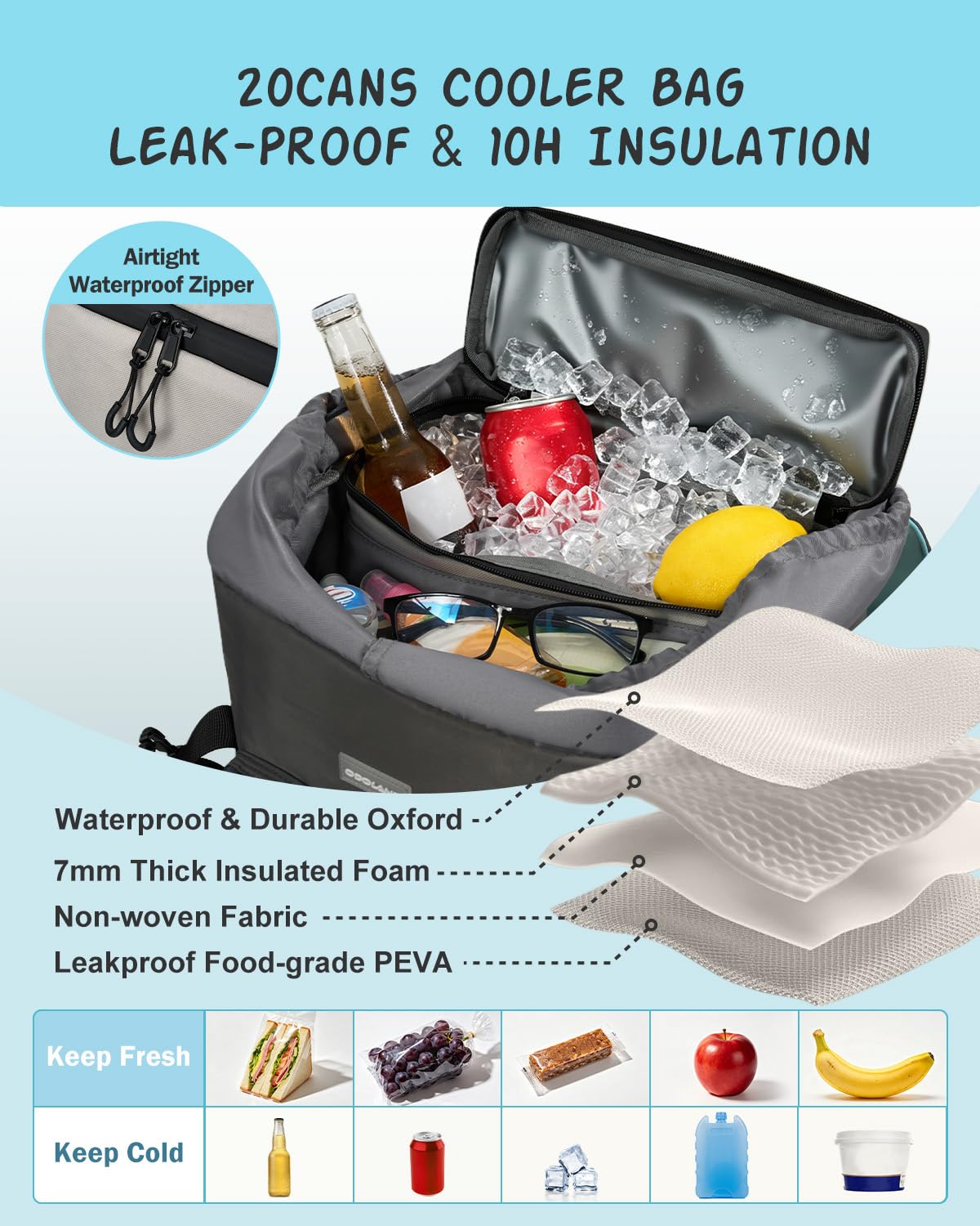 Odoland Sac à Dos Isotherme 2 en 1 – Sac Glaciere Isotherme 9L Séparable + Sac à Dos 26L, Maintient 10 Heures au Frais, Étanche & Antifuite, Léger pour Pique Nique, Camping, Plage