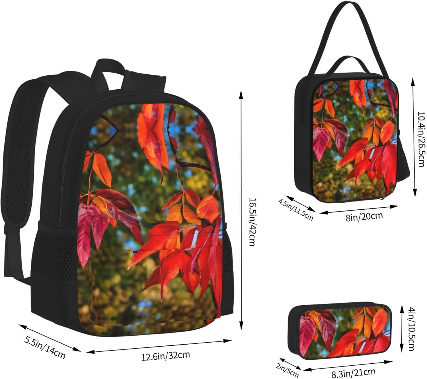 Fall Red Leaves And Fruits Backpack With Lunch Box 3 In 1 Set With Pencil Case, Large Capacity Backpack With Chest Strap