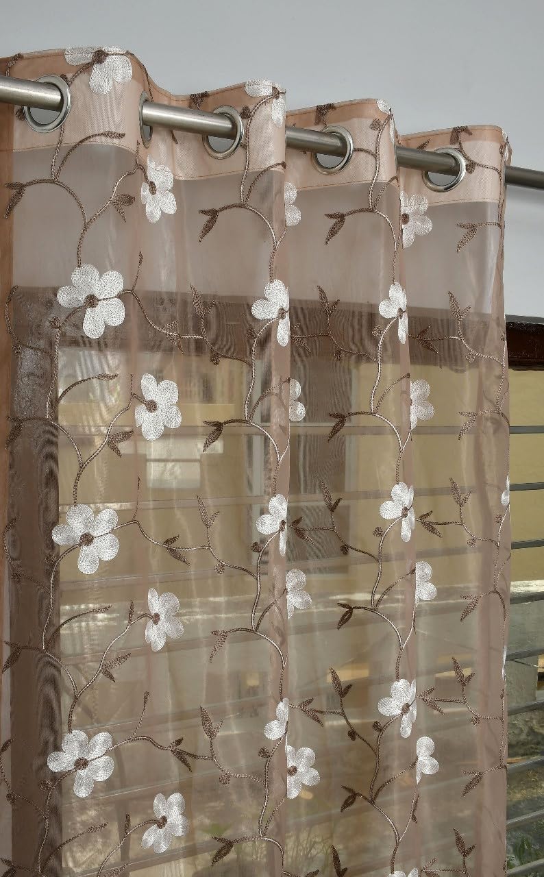 Floral Tissue Net Curtains Sheer Net Curtain for Living Room & Balcony | Elegant Transparent Window Drapes Light Filtering Soft Fabric Curtain Panel (Coffee, Door-8 Feet-Pack of 1)-image-33