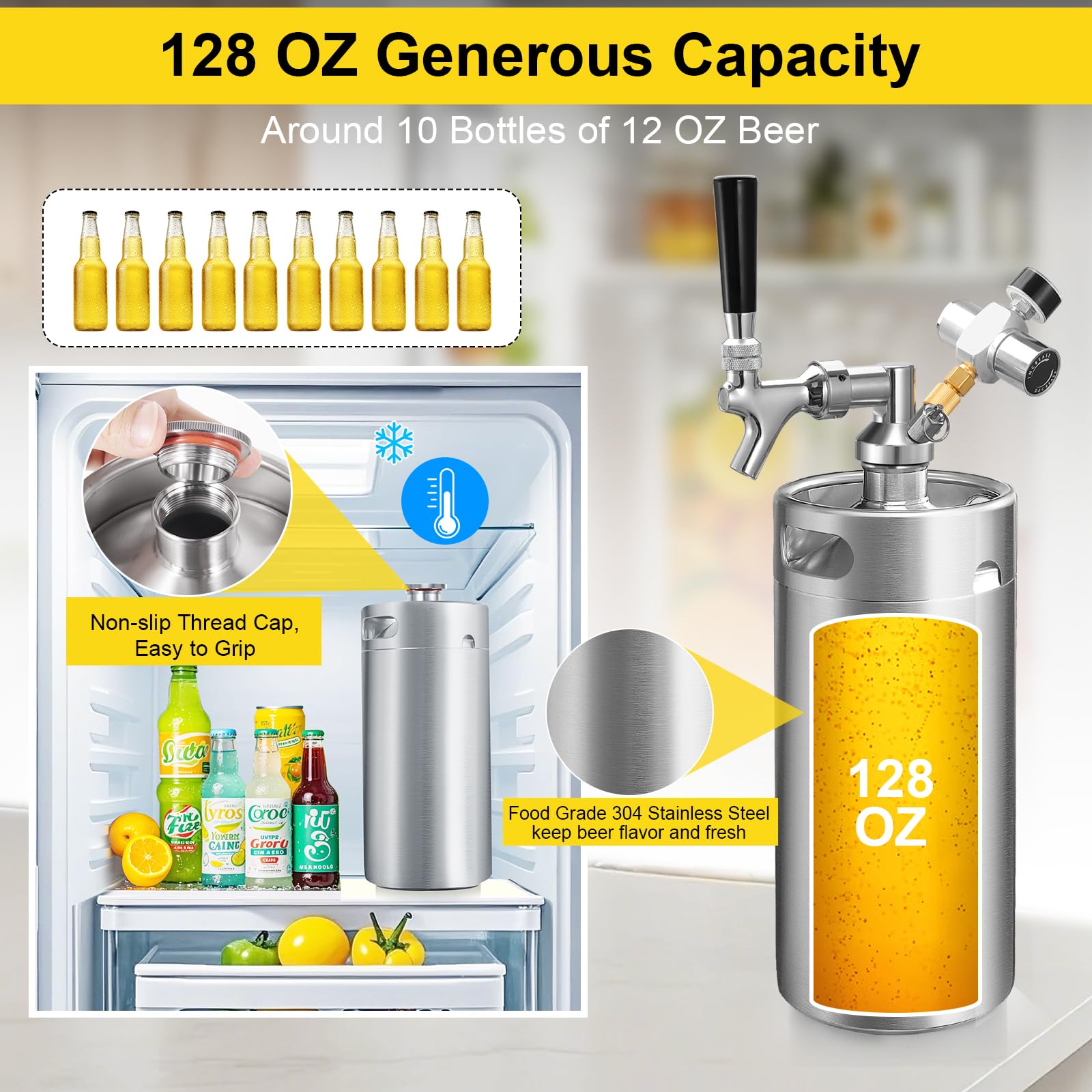 Mini-Fass-Growler, Edelstahl-Bierfass-Zapfhahn-System, tragbarer Bierspender zum Frischhalten und 55 PSI CO2-Druck, Kohlensäure, Bierzapf-System für selbstgebraut, Camping (silberfarben)