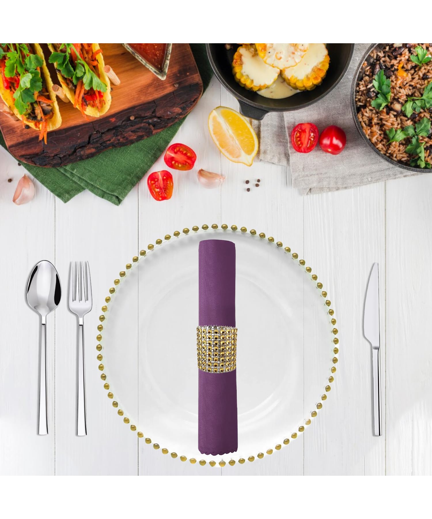 Elegante juego de platos de cristal transparente y servilleteros dorados, 10 piezas, diseño de cuentas, platos de 33 cm para bodas, cenas, fiestas y eventos, mesa reutilizable y manteles individuales
