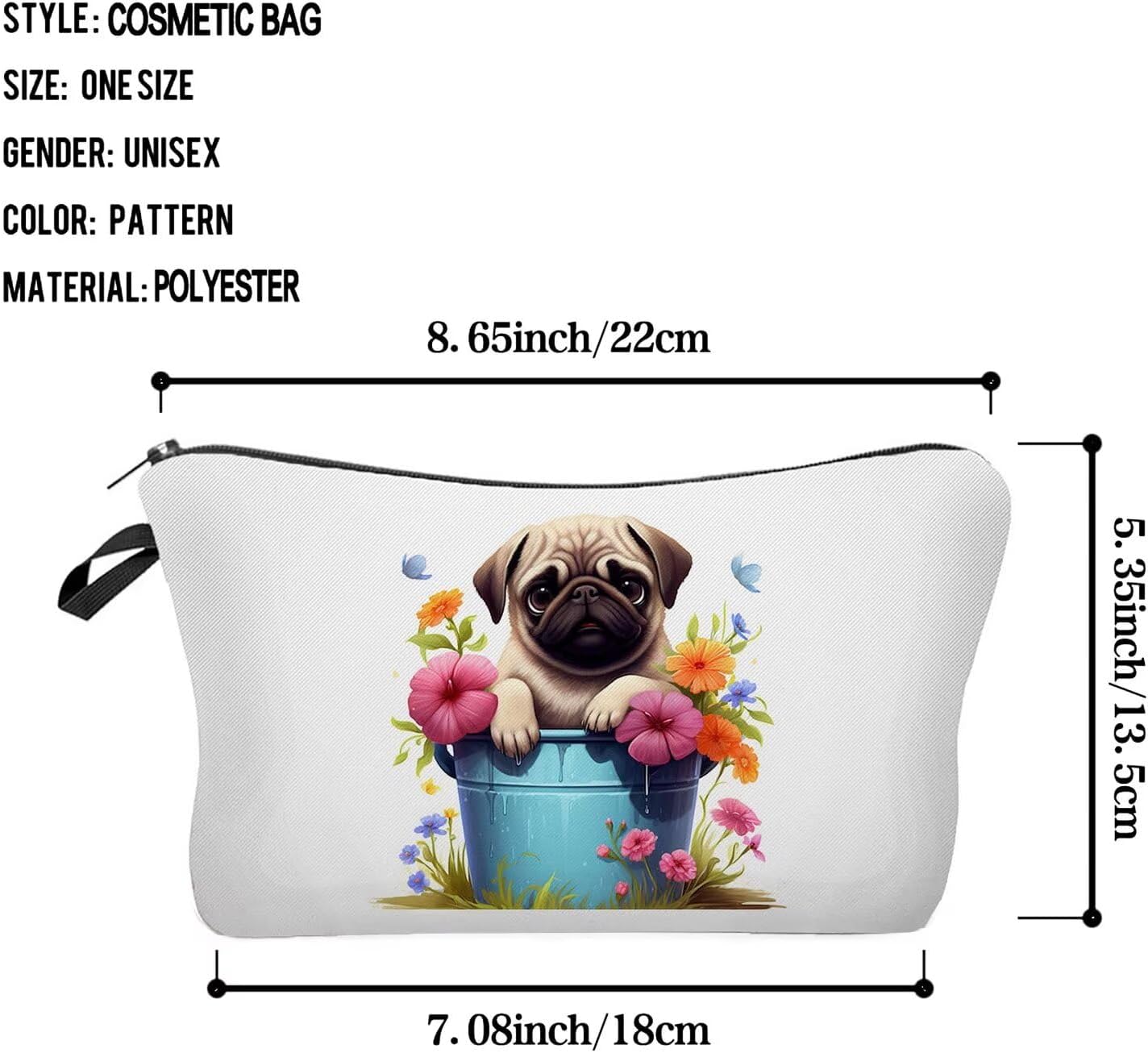 Floral Pug Makeup Bag Cute Small Organizer Zipper Pouch Floral Pug Cosmetic Bag Birthday Present for Women Friends -1 - Image 2