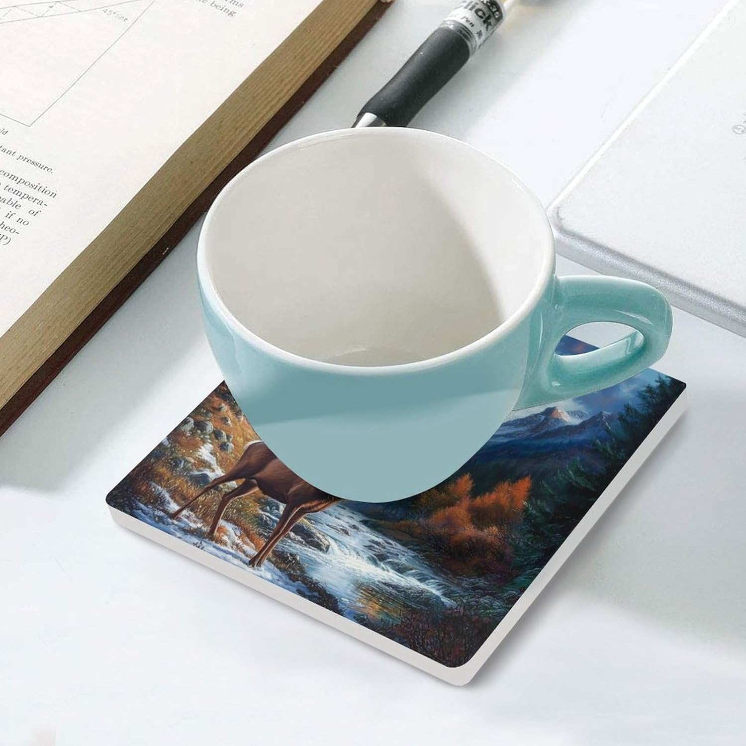 Deer Eagles1 Moon Funny Ceramic Coasters for Drink Absorbent Cup Holders Tabletop Protection