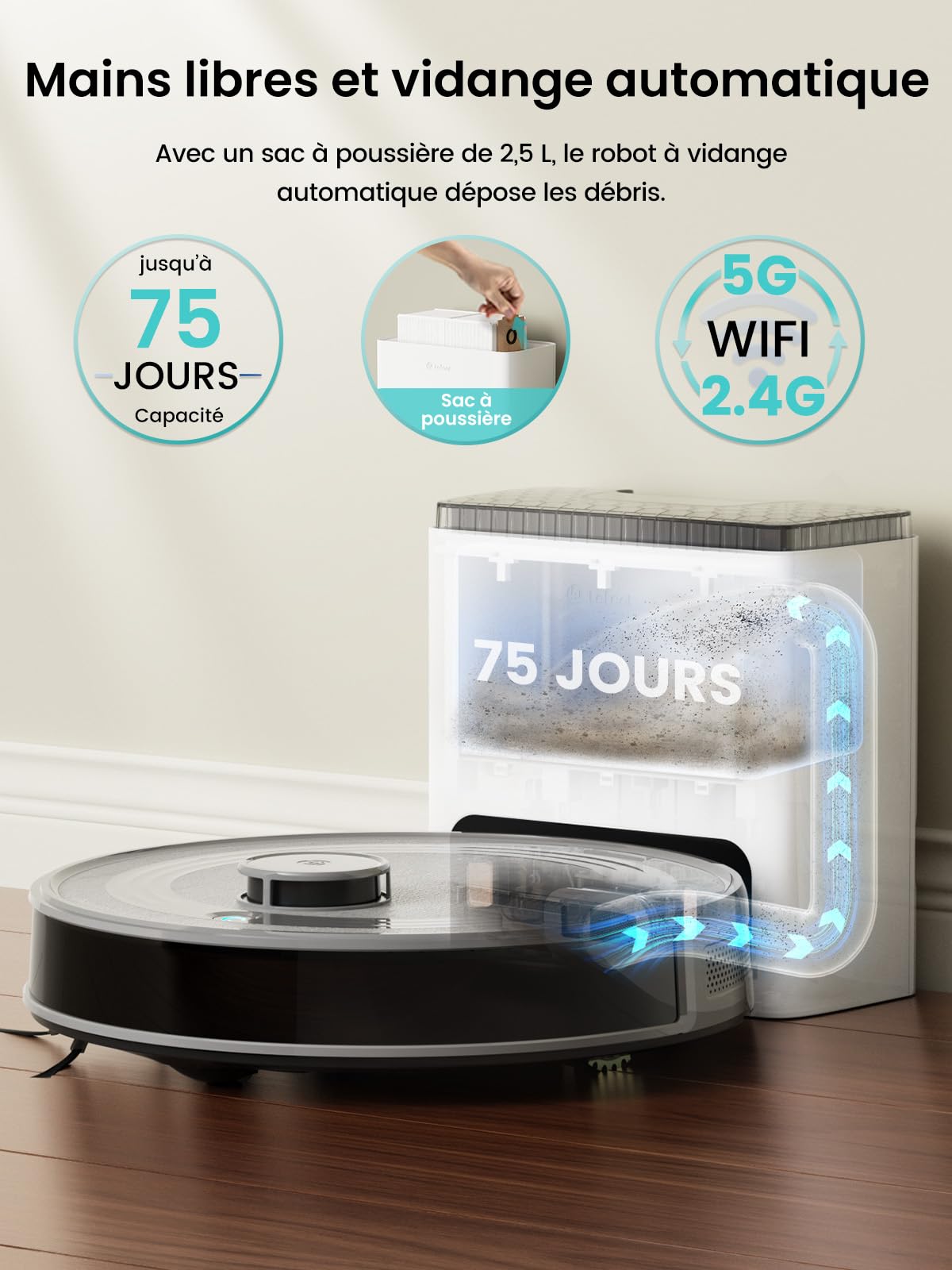 Lefant M2S Plus Aspirateur Robot avec Station, 10000 Pa d'Aspiration, Évite Obstacles, Aspiration Automatique, Auto-Charge Autonomie 240 Min, Poils d’Animaux, Tapis et Sols Durs, Alexa/App/WiFi, Gris
