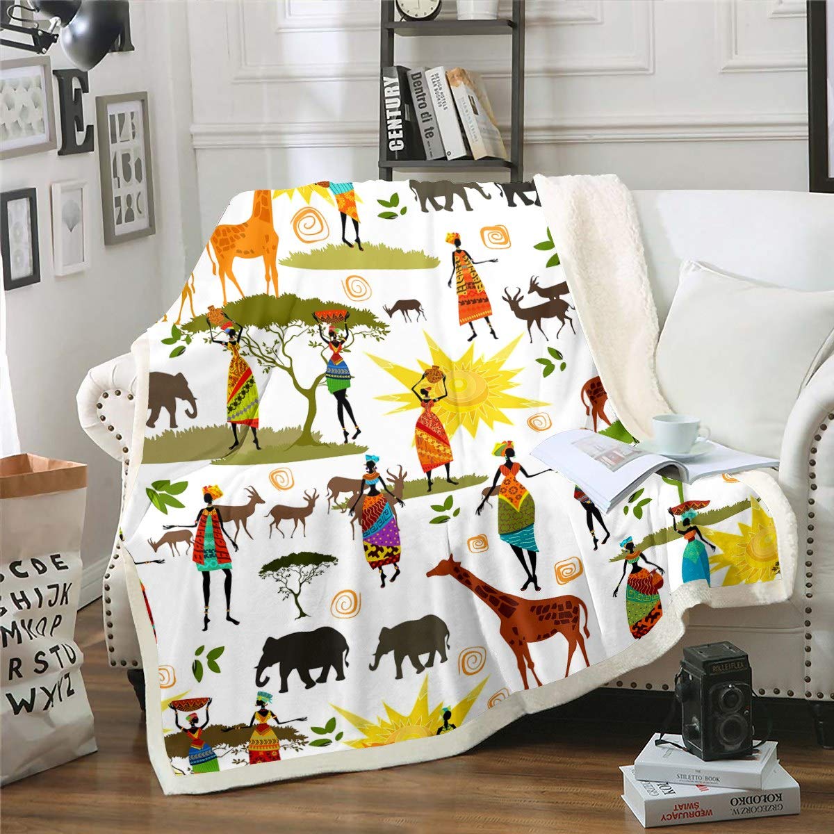 African Woman Plush Blanket Elephant Tiger Fleece Throw Blanket for for Girls Women Ethnic Afro Style Sherpa Blanket Tribal Animal Fuzzy Blanket for Sofa Bed Couch,Single 50x60 Inch