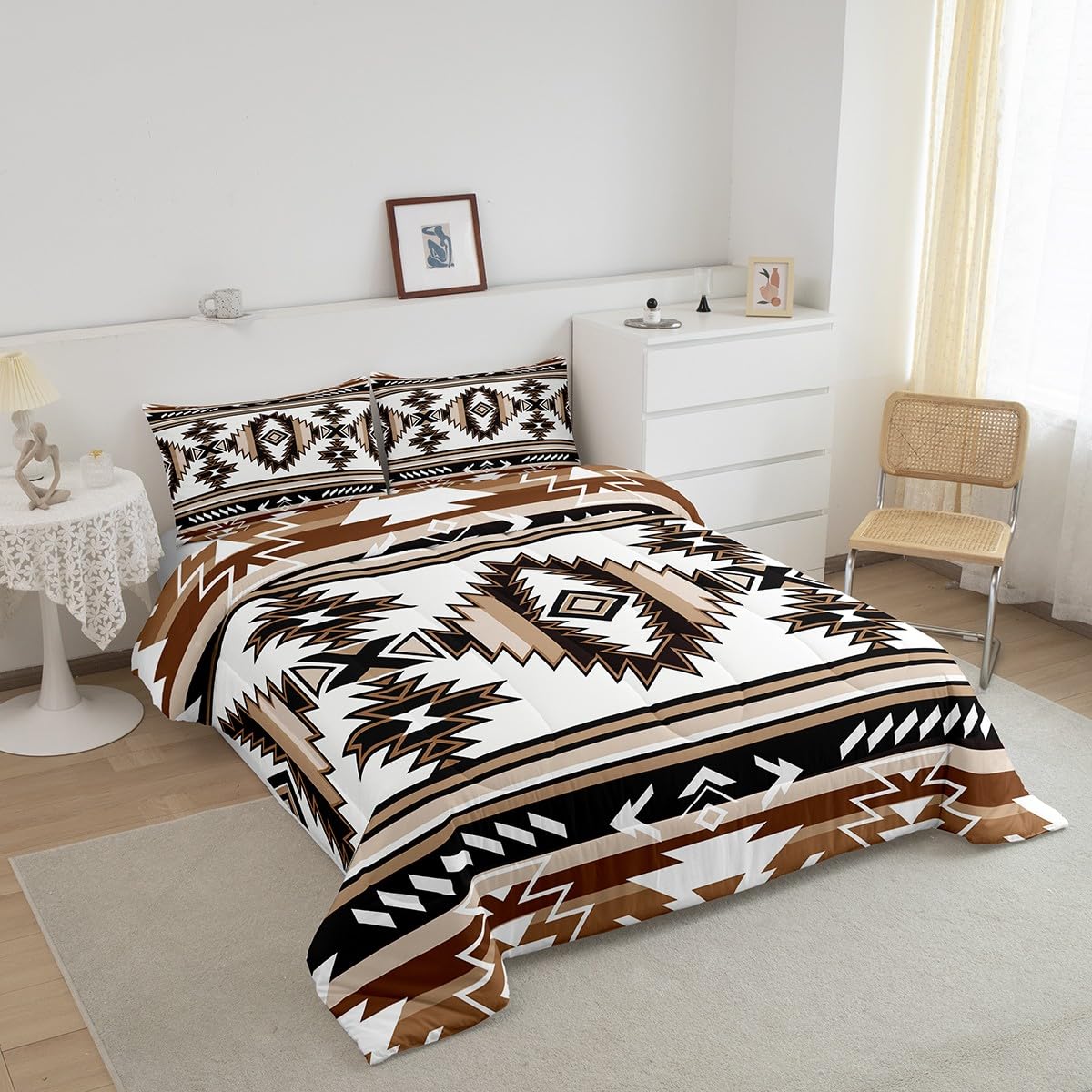 Manfei Aztec Print Kids Comforter Set King Size,Western Cowboy Southwest Tribal Bedding Set,Boys Girls Adults Room Decor,Abstract Geometric Patchwork Qulit Set,Brown Retro Duvet Insert,2 Pillowcases