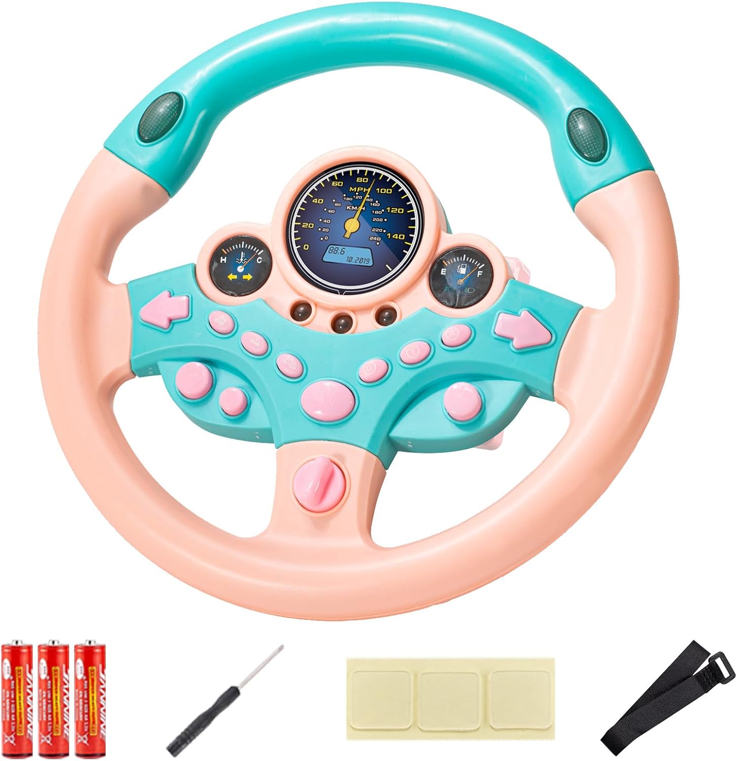 Kids Steering Wheel Toy with Light and Music, Car Backseat Simulated Driving Steering Wheel Gifts Toys (Pink)