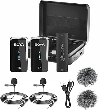 BOYA ميكروفون Lavalier اللاسلكي المزدوج لأجهزة Type-C ، BY-XM6-K6 Plug-Play Mic مع نطاق 328 قدمًا لتسجيل فيديو هاتف USB-C Android ، مقابلة ، Vlog ، Tiktok ، Auto Pair and Noise Reduction   