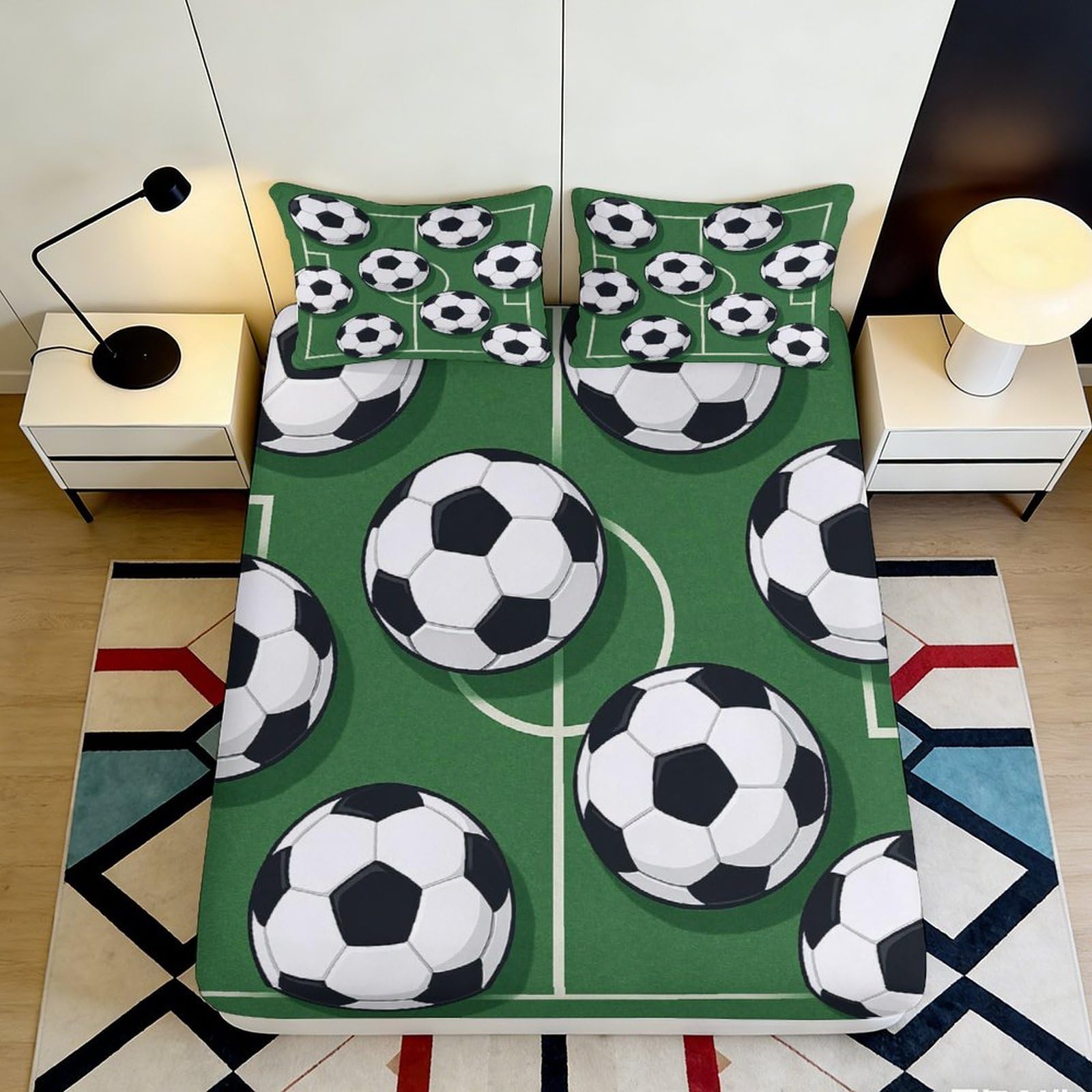 3D Printed Football Field Fitted Sheet Microfiber Soft Green Soccer Ball Mattress Cover for Bedroom Dorm Decor 90x200x25cm