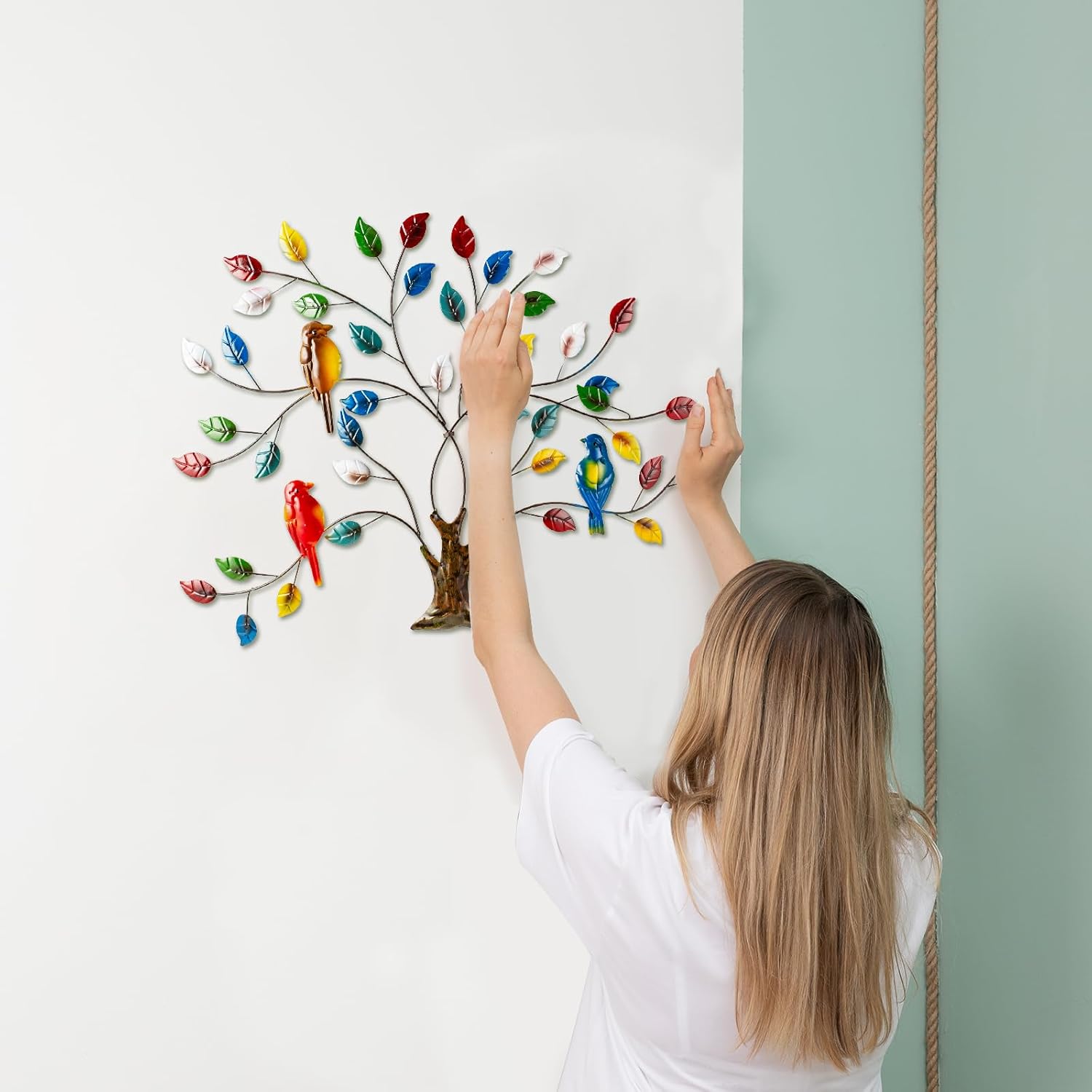 dreamskip Tree of Life Metal Wall Art, 27" Large Outdoor Wall Sculpture with Colorful Leaves and Birds, Tree Metal Wall Decor for Outdoor Indoor, Living Room, Bedroom, Patio, Fence, Garden Decor