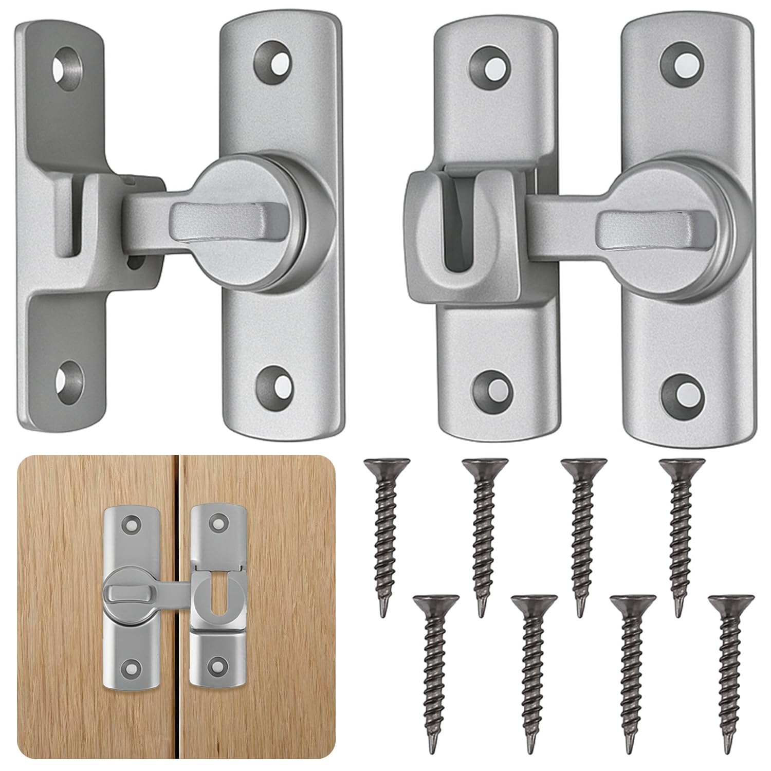 2 Pcs Silver Sliding Door Latch Made of Aluminum Alloy, Secure Bathroom Lock and Privacy Latch for Bedroom, Window, Barn Door