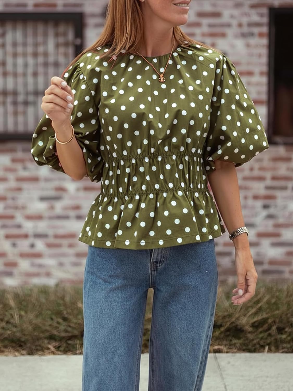 Cicy Bell Womens Polka Dots Peplum Tops Summer Puff Short Sleeve Round Neck Blouses Trendy Casual Shirts - Image 2