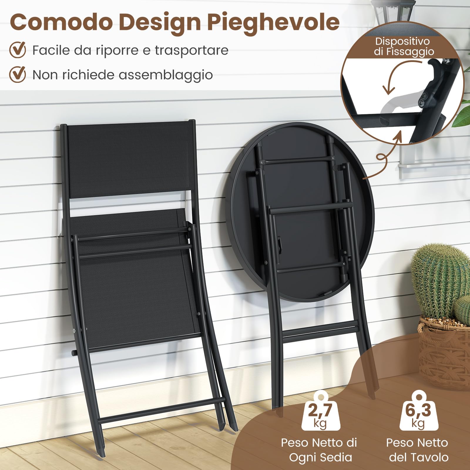 COSTWAY Set Tavolino e Sedie da Giardino Pieghevole, Set Bistro 3 Pezzi, Tavolino con Piano in Vetro Temperato e Metallo, Sedie con Tessuto Textilene Impermeabile, per Balcone, Patio, Piscina