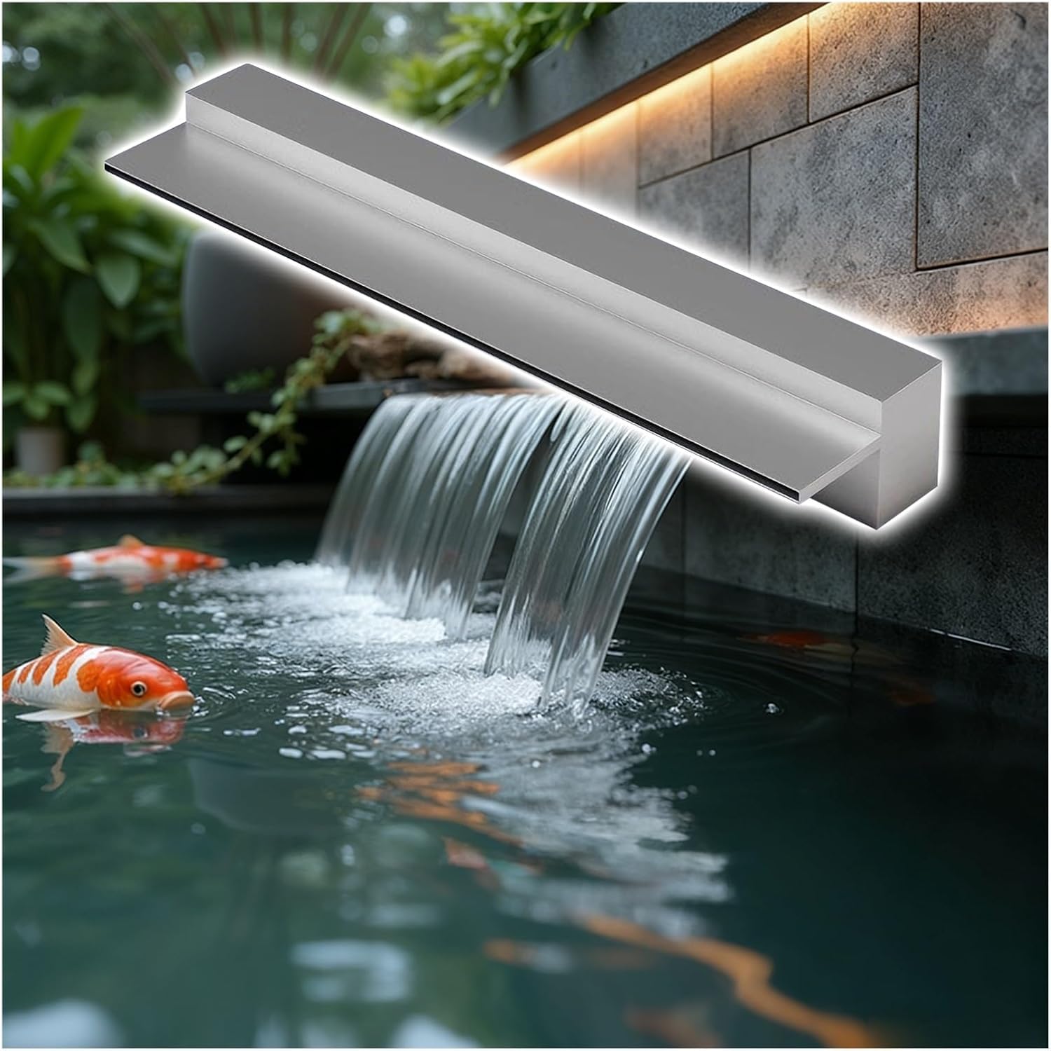 Waterfall Spillway Kit with Pipe Connector for Pond & Fountain - 60cm (23.6inch) Silver Water Feature Accessory for Garden Landscape, Durable & Easy Installation
