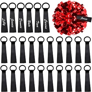 XunYee 48 Pcs Cheer Pom Pom Name Tags, Soft Polyester Tie Ribbon Labels for Cheerleaders Personalized Gear Tags for Cheer Team, Pep Rally, Camp Gifts HTV & Embroidery Ready, 5" x 0.9"