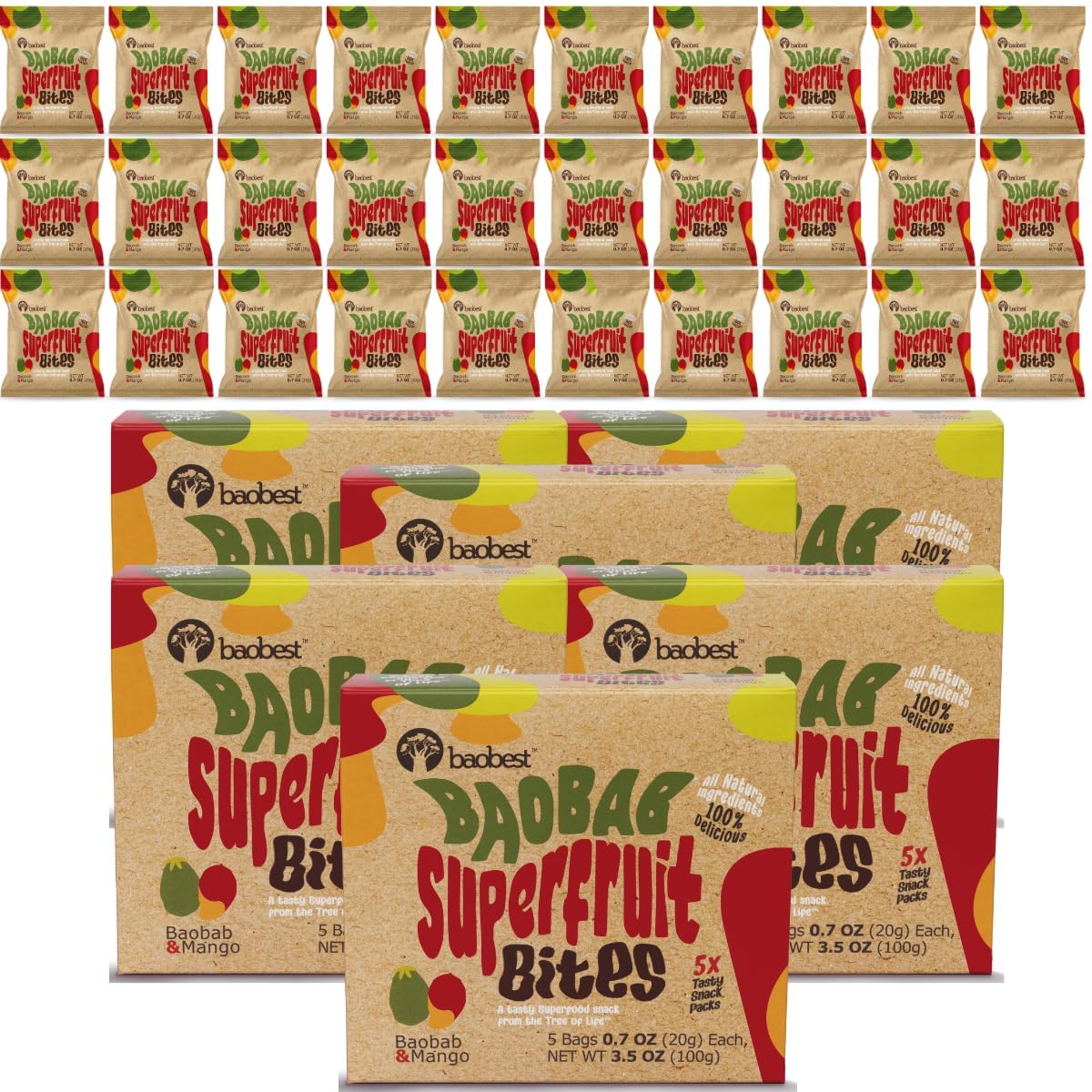 Baobest Superfruit Bites - Baobab Chews Mango Fruit Snack Pack - Vegan, Gluten Free, Preservative Free, Palm Oil Free, High Vitamin C Superfood Snack from The Tree of Life - 30 Servings