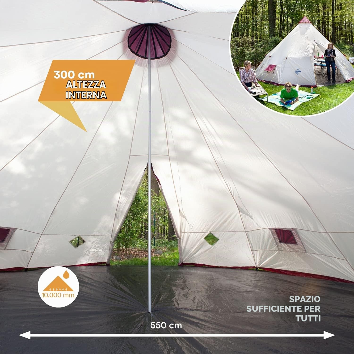 Tenda da campeggio Tipi Kota 550 Protect | fino a 12 persone, impermeabile, zanzariera, altezza 3 m, diametro 5,5 m, pali in acciaio | Tenda indiana, tenda per feste, tenda per festival, glamping