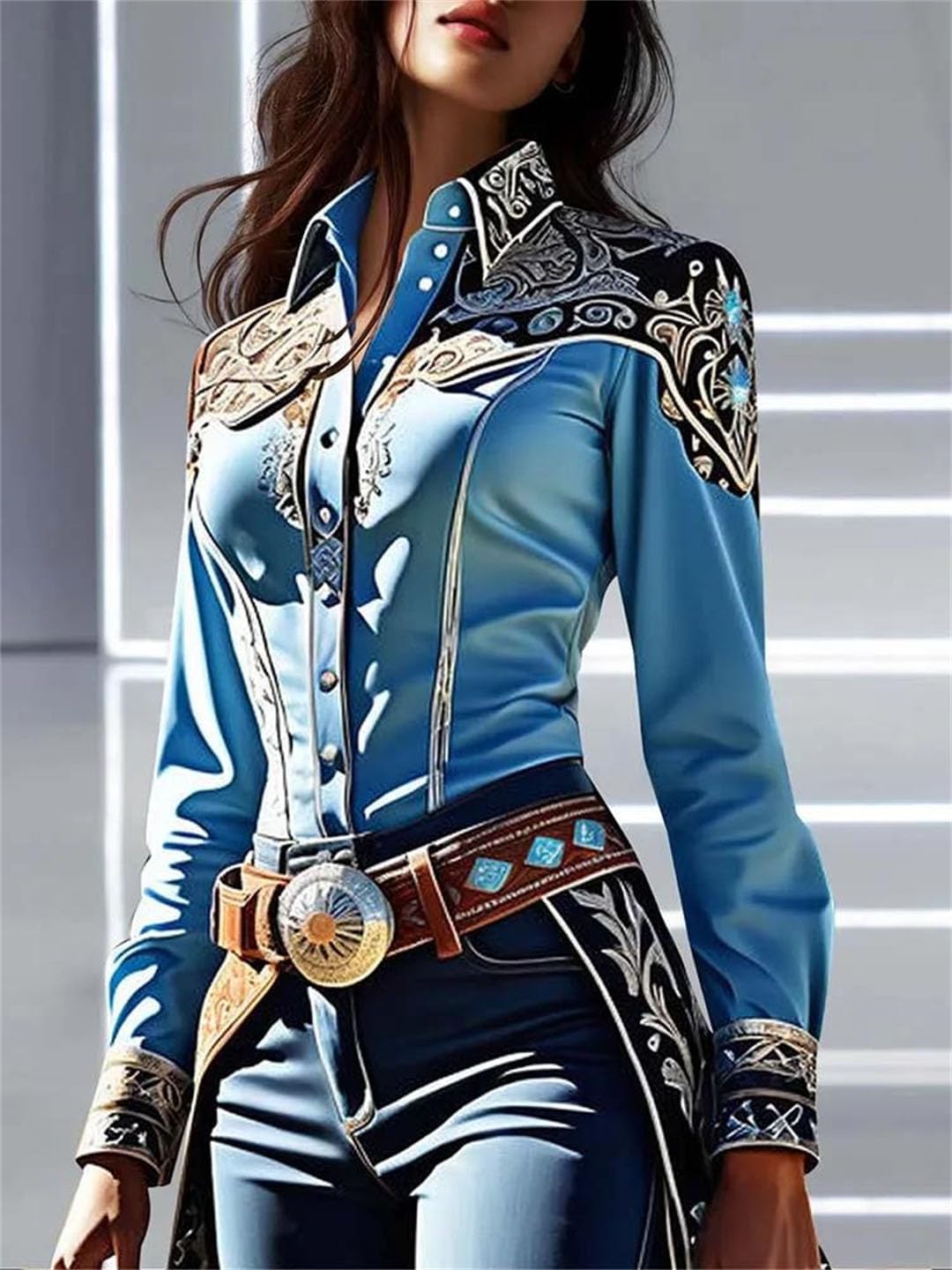 Women Office Western Print Button Collar Slim Waist Patchwork Long Sleeve Blouse Tops