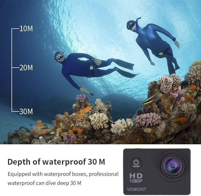 VEMONT Cámara deportiva 1080P 12MP a prueba de agua miniatura 3