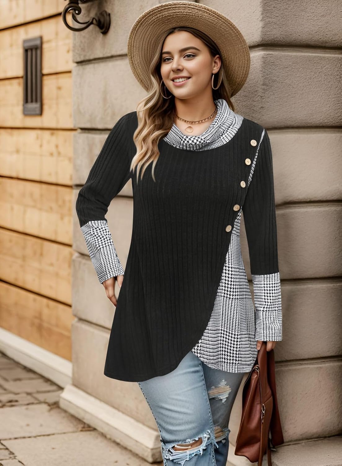 Miusey Women's Cowl Neck Pullover Sweaters Lightweight Long Sleeve Tunic Sweatshirts Asymmetric Hem Knit Sweater - Image 3