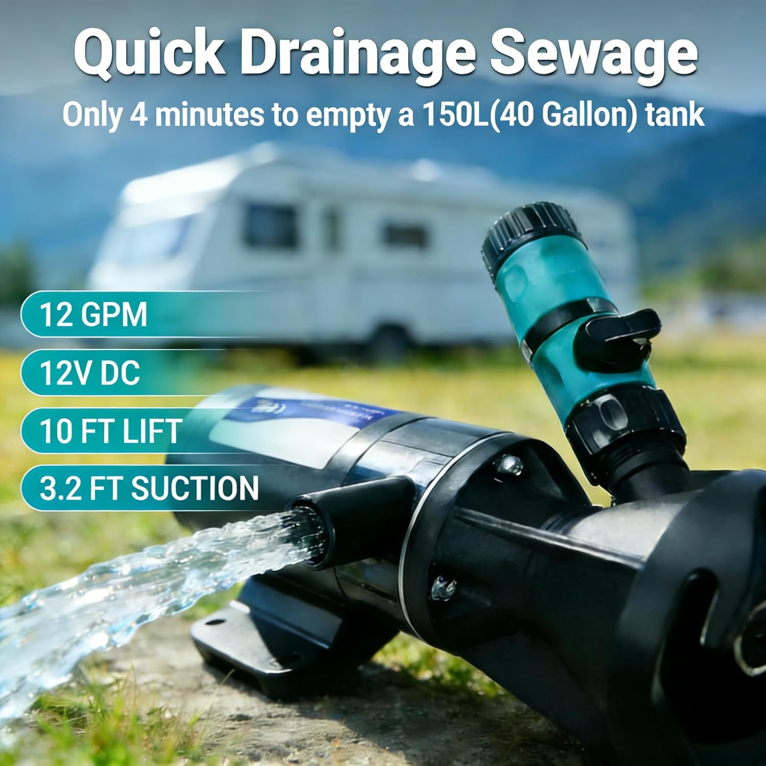 RV Macerator Pump 12V, 12GPM Heavy-Duty Self-Priming Macerator Pump for RV, Quick-Release RV Macerator with 144W Copper Motor, 3.2FT Suction & 10FT Lift, Portable Waste Water Pump Kit for RV/Camper(A)