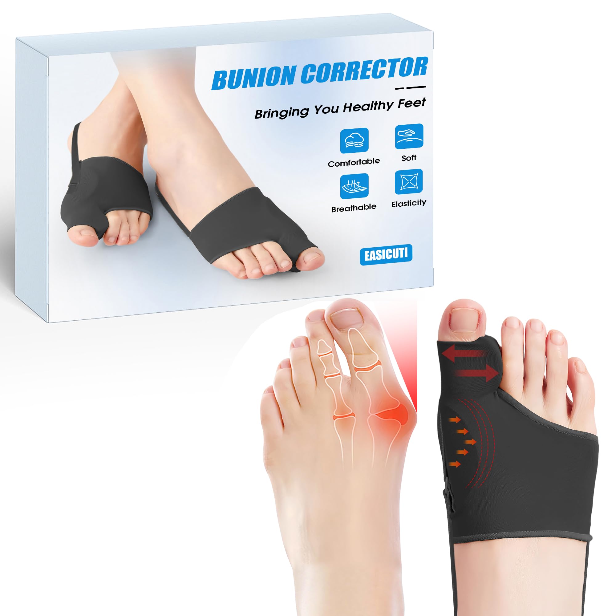 EASICUTI 2 Paar Hallux Valgus Korrektur, Zehenspreizer mit Hallux Valgus Schiene & Gelkissen, Schmerzlindernde Bandage für Herren und Damen, Rutschfeste Socken für Tag und Nacht Support, Schwarz