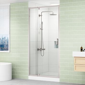 Pivot Shower Door, 32-36"x76", 1/4" Tempered Glass, Brushed Nickel | Telescopic frame for modern bath, reversible left/right, nano glass easy clean, adjustable to various widths
