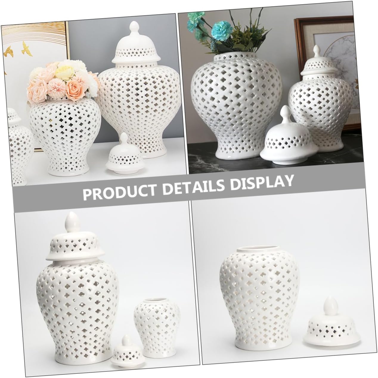 Ceramic Hollow Flower Vase Lid Chinese Style Decorative Storage Jar for Home and Wedding Decor
