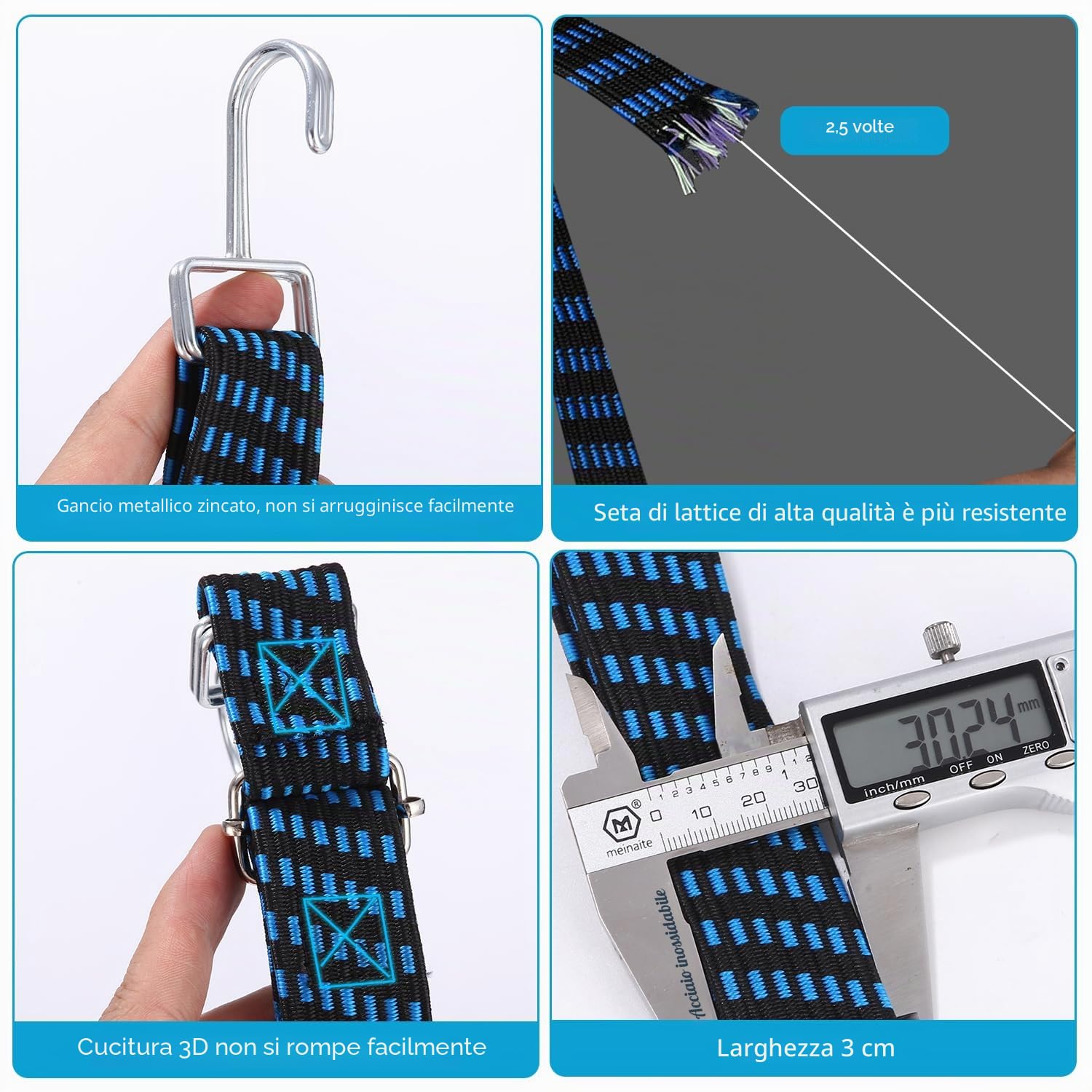 Elastico con Gancio 8 Pezzi, 2M Cinghie Elastiche portapacchi, 2,5 volte l'elasticità, Corde Elastiche Regolabile per bicicletta e moto, per il fissaggio del carico, larghezza 30mm