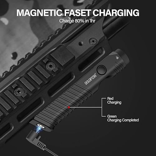 Miniatura 6 de Solofish Linterna táctica de 1450 lúmenes con vista láser verde compatible con riel Mlok, combo de luz láser recargable magnética