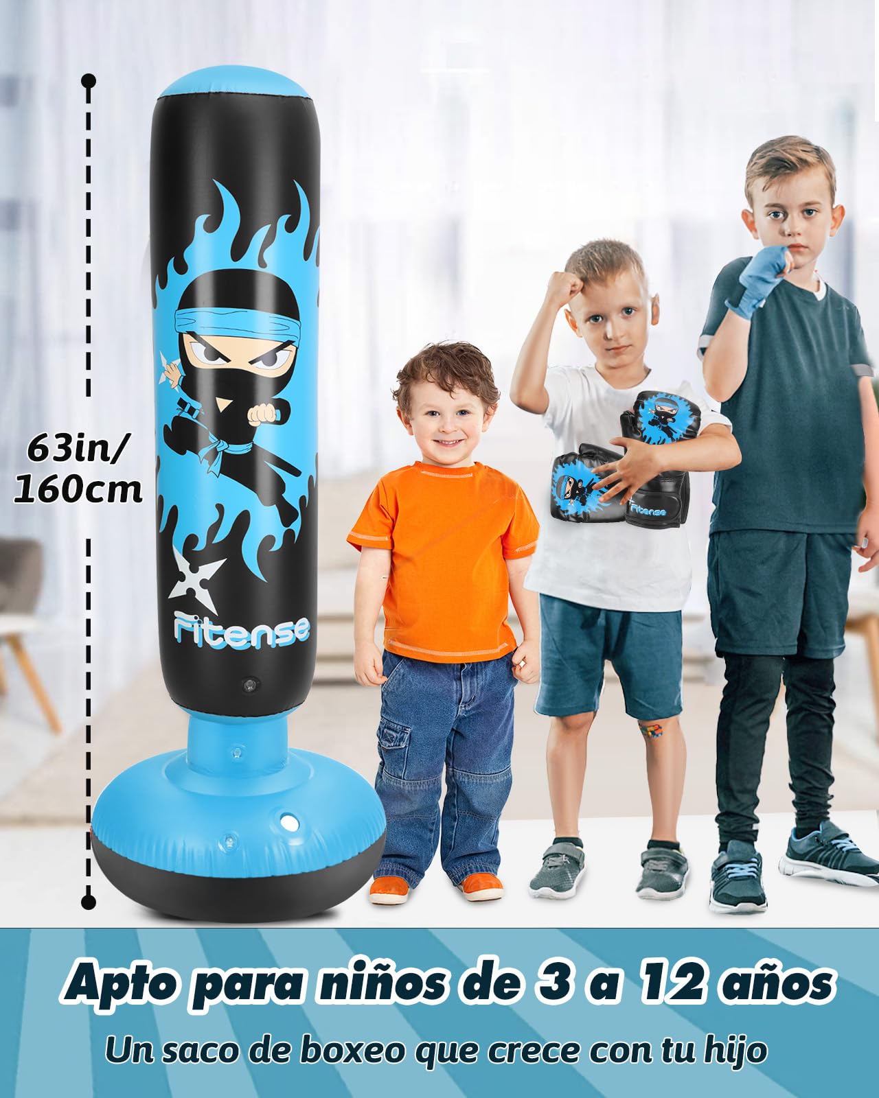 Fitense Saco de Boxeo Niños, 160cm Boxeo Saco Inflable con Guantes y Bomba, Punching Ball Estable para 3-12 Años, Set Regalo Saco de Boxeo de Pie para Práctica de Karate, Taekwondo, MMA,Ninja Azul