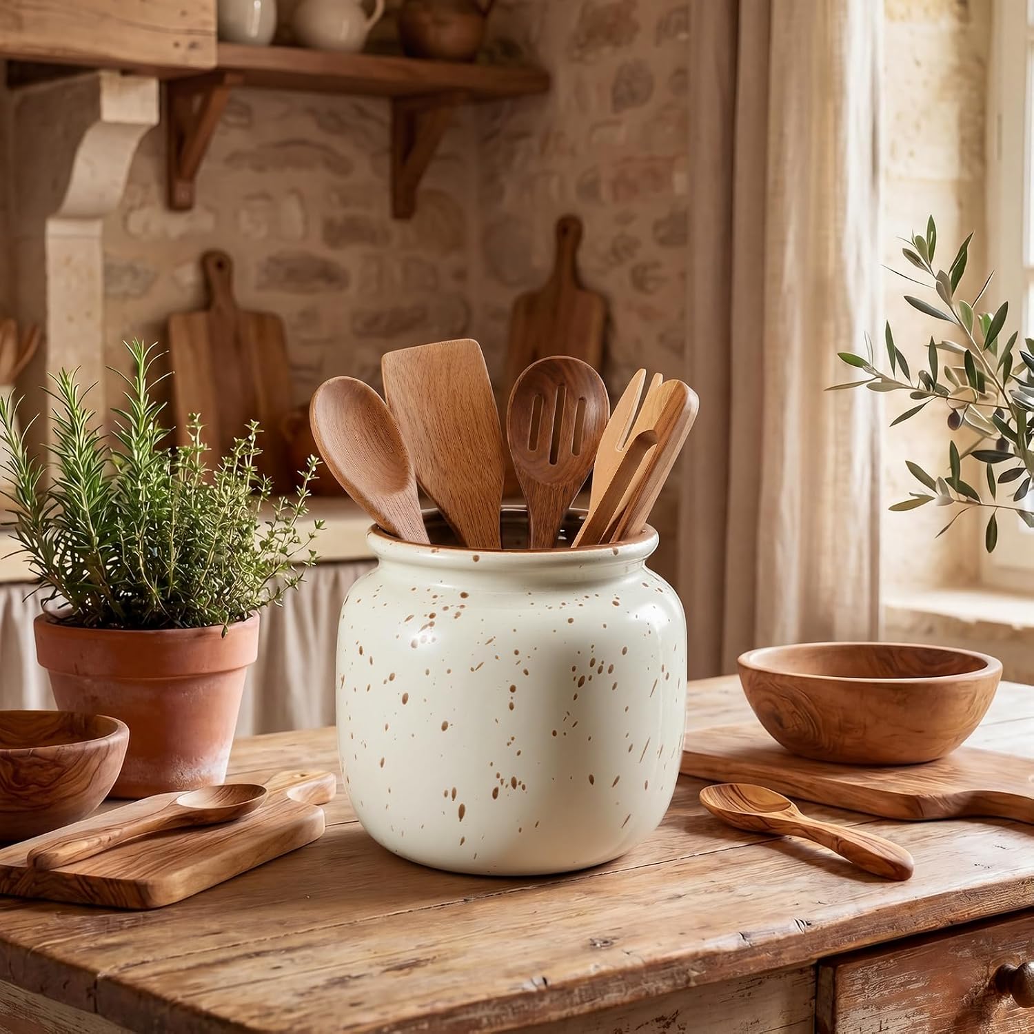 Qinyoung Rustic Kitchen Utensil Holder 6 Inch Small Ceramic Utensil Holder with Handle Vintage Crock Decoration Spatula Organizer for Kitchen Countertop Farmhouse Party Supplies(Natural, No Handle) image 4