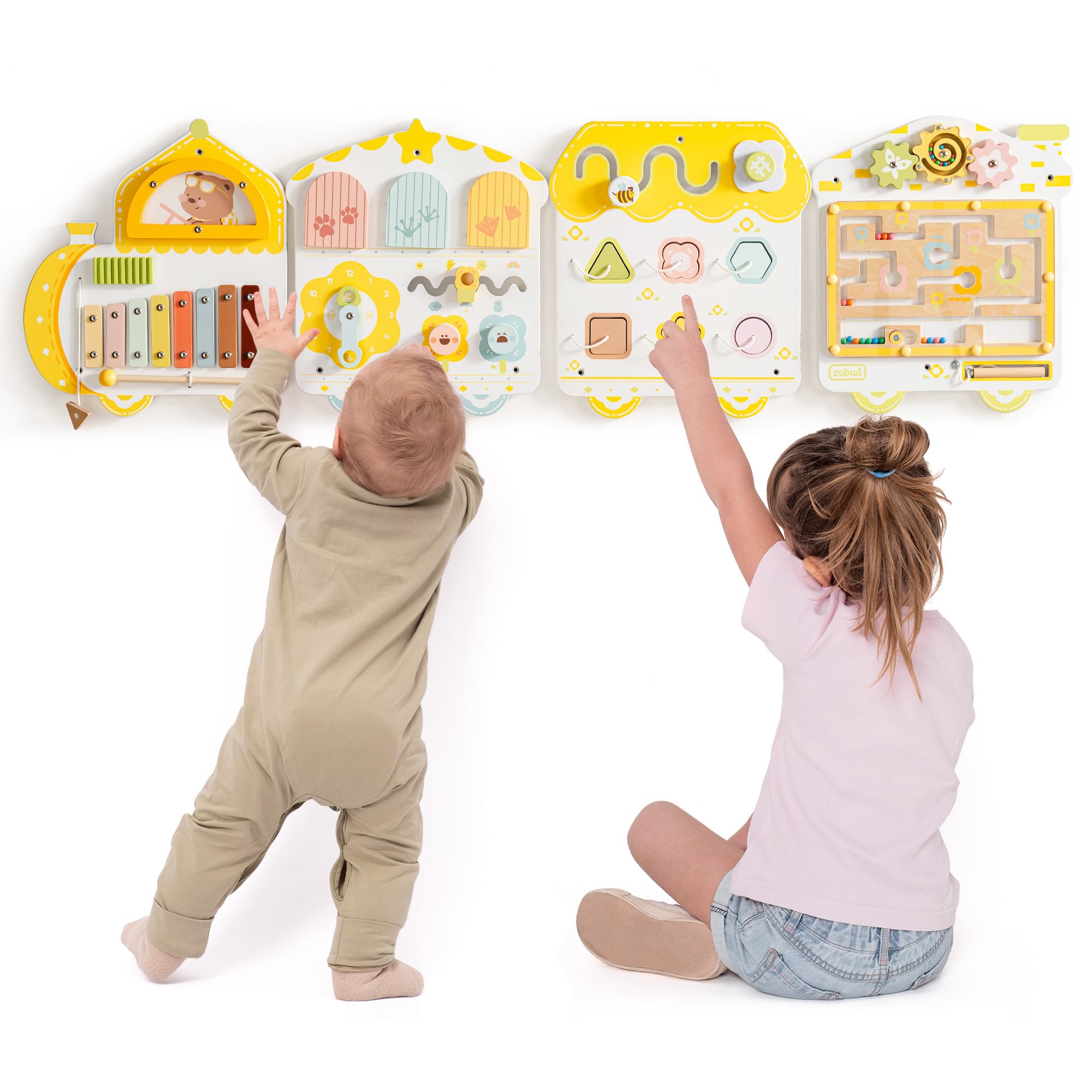 ROBUD Montessori Busy Board ab 18 Monaten – 12-in-1 Wand-Aktivitätsboard aus Holz, Lernspielzeug mit Xylophon, Trommel, Wettertafel, Uhr, Formen, Zahnrädern & Magnetlabyrinth