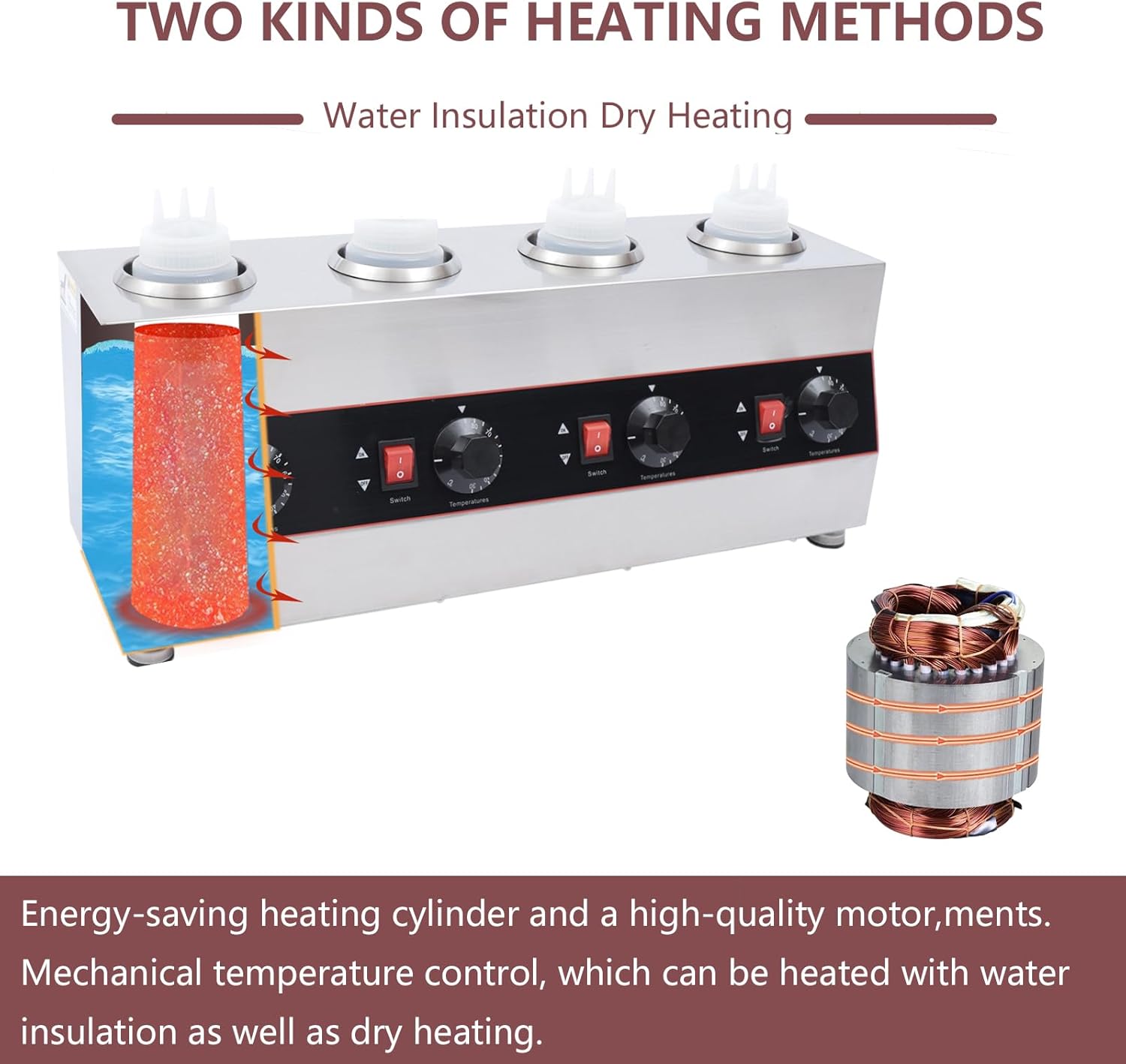 Commercial Electric Sauce Warmer 4 Bottle Topping Dispenser Nacho Cheese Dispenser Warmer with 650ml Bottles Hot Fudge Caramel Jam Sauce Heated Pump Dispenser 30-85℃ Adjustable 110V