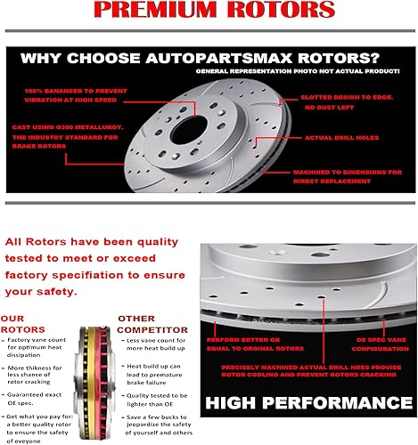 Miniatura 5 de Kit de frenos delanteros y traseros, rotores de freno perforados y ranurados, pastillas de freno de cerámica adecuadas para Cadillac Escalade Chevy