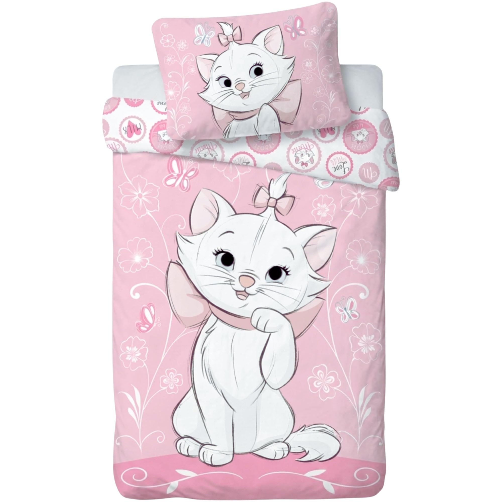 Copripiumino singolo bambina Minou Gli Aristogatti 100 x 135 cm e federa 40 x 60 cm | lenzuola letto per materasso da 60x120 a 70x140 cm | Biancheria 100% cotone